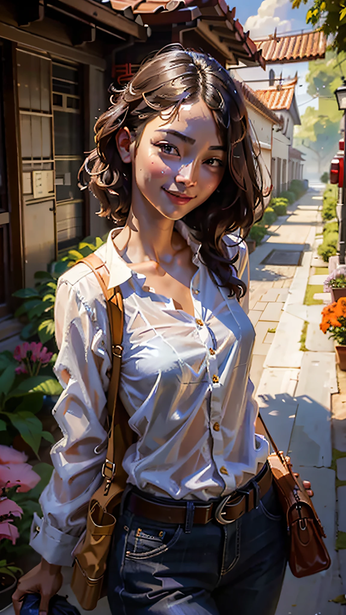 realistic, girl, , very young, very thin, thin figure, intricate, (light energy transfer), (highest quality), college campus background, college campus, chinese style residence, chinese street, sunshine, flowers, an innocent beautiful sunny asian girl, very skinny, lazy, casual, smile, casual smile, lazy smile, oil painting style, digital art oil painting, steve henderson style, digital expressive oil painting, inspired by Richard Schmid, stunning digital paint, masterpiece , HD, Ultra HD, 32k, Oil Painting Style, Digital Oil Painting, Henry Asensio, WLOP Painting Style, Pinot Dianey Style, Pino Dianey Style