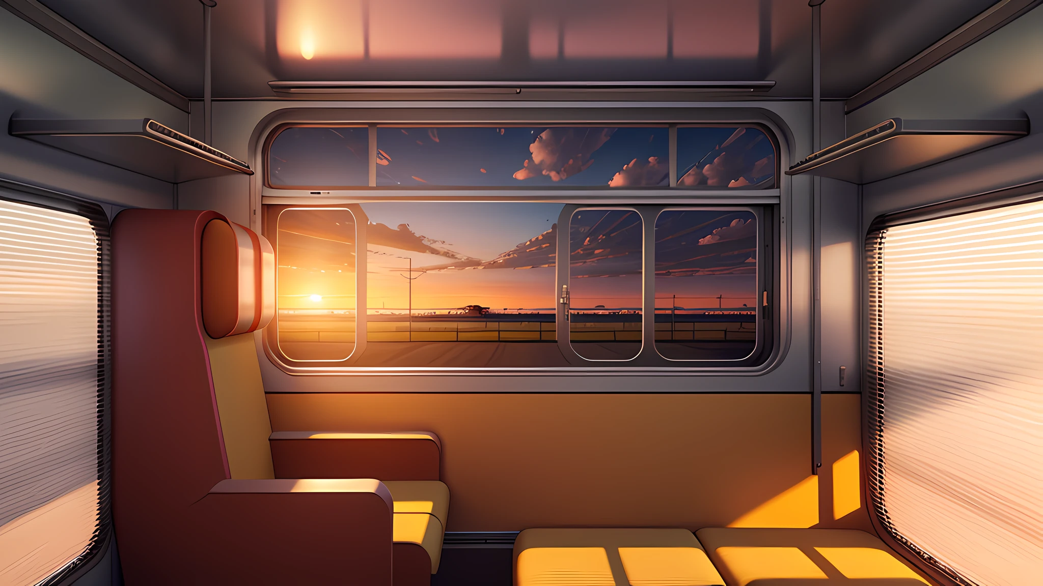 There is view of train carriage with window and bench, interior background, large open window, train window, train interior, sunset view, Savannah background, adventure surreal rendering, large window, towards the horizon, large window, rendering in Lumion Pro, looking out, wide window, blender made daylight, savanna, anime movie background