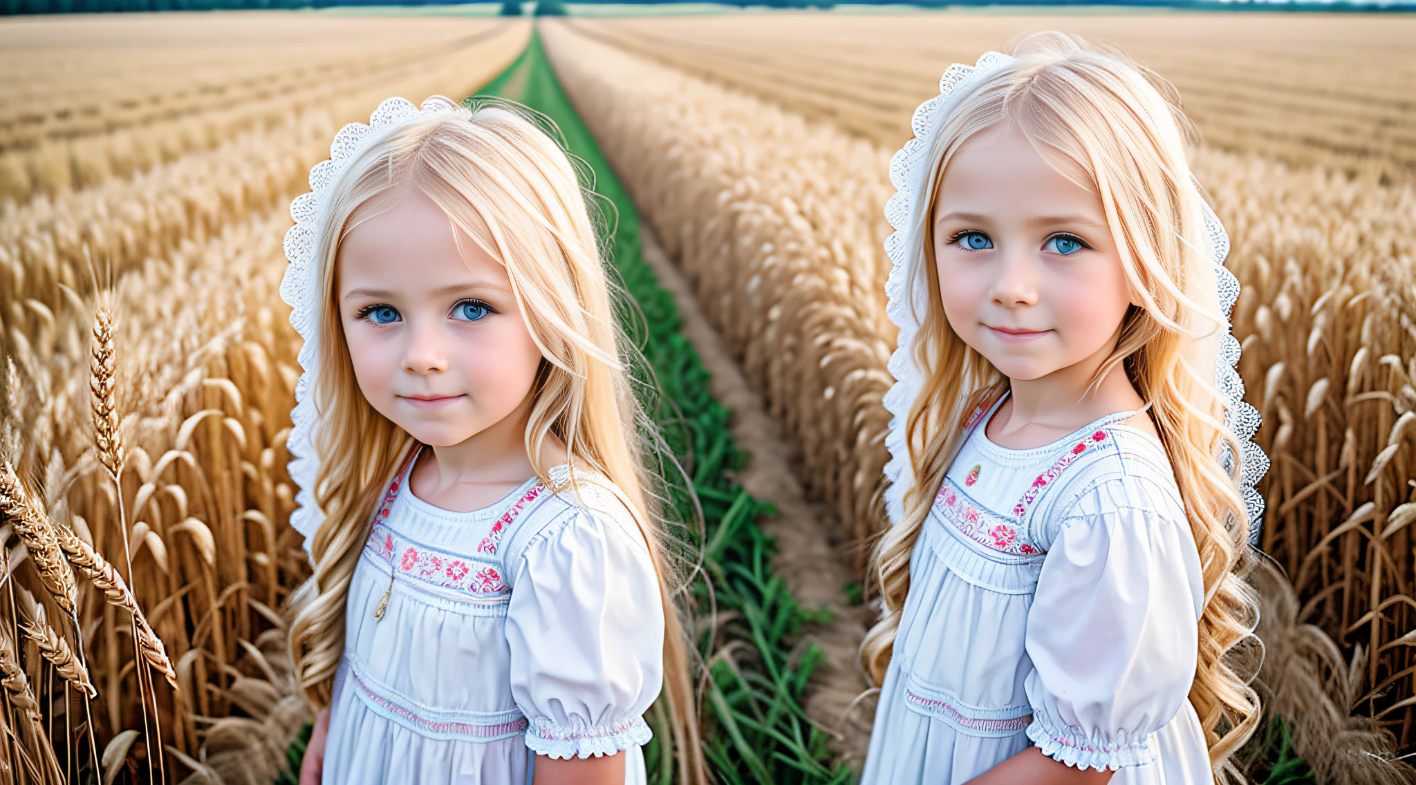 Russian style, children girl, portrait, long blonde hair, farmer style, in a wheat field.