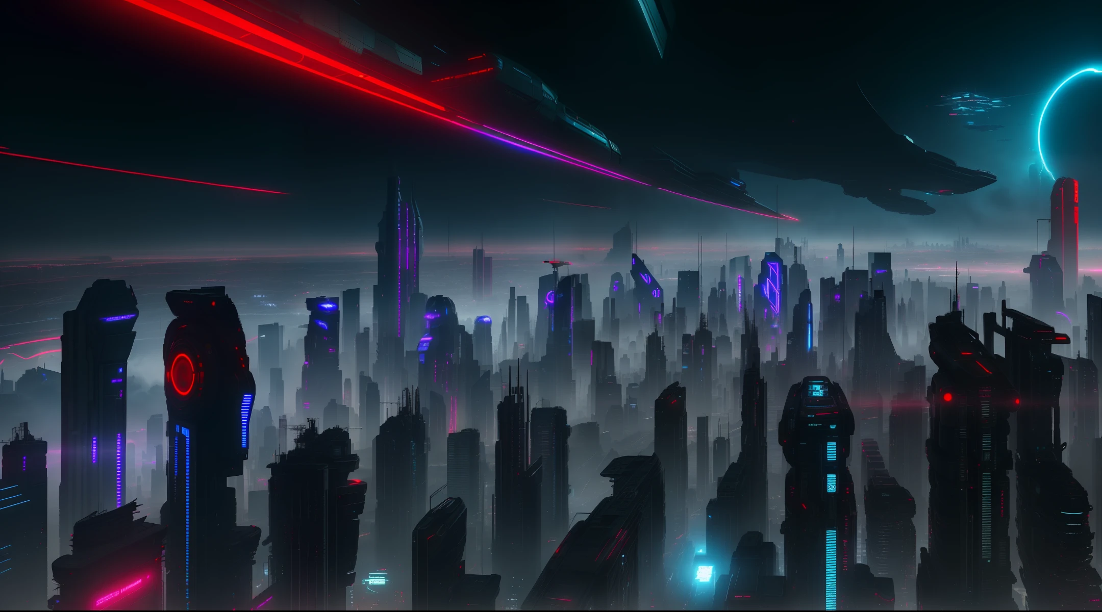 flying through , in the style of cyberpunk futurism, guillem h. pongiluppi, артур скижали-вейс, greg rucka, cargopunk, nabis, expansive - view of a tech city , some led screens, laser lights and some advanced devices standing on the main street, gazes upon an immensely futuristic city adorned with many towering curved skyscrapers and advanced transportation systems. In the distance, there lies a vast and circular support base for space exploration vessels,s cruissing skies, with a black hole AND SOME red AREAS((A masterpiece))(cyberpunk dystopia) urban ghetto, police, bandits, neon, modern cars, dangerous neighborhood street corners, the slums, futuristic and dystopian, cinematic, dramatic lightning, full colors, 3d, render, dark, high contrast, dark sun