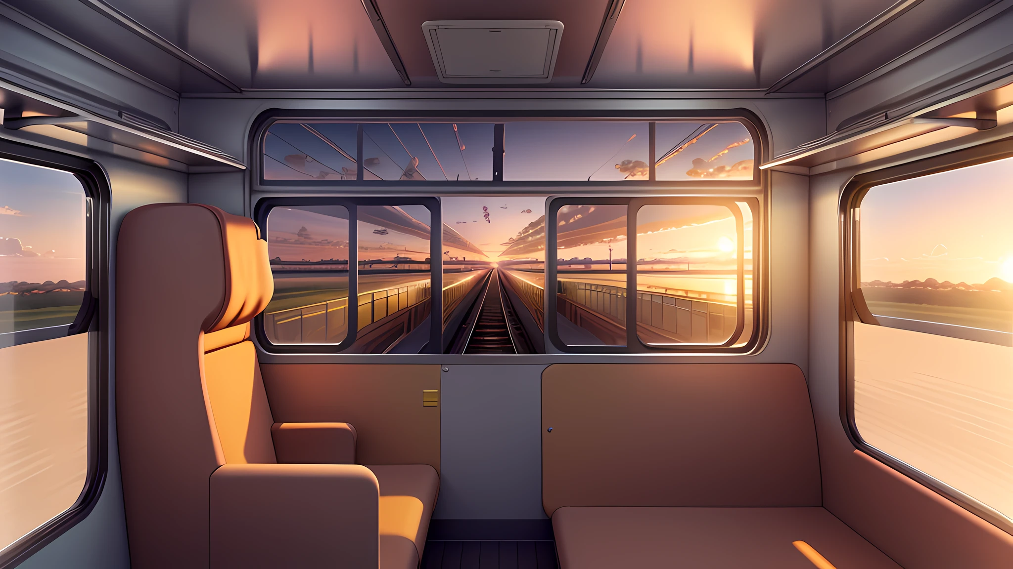 There is view of train carriage with window and bench, interior background, large open window, train window, train interior, sunset view, Savannah background, adventure surreal rendering, large window, towards the horizon, large window, rendering in Lumion Pro, looking out, wide window, blender made daylight, savanna, anime movie background