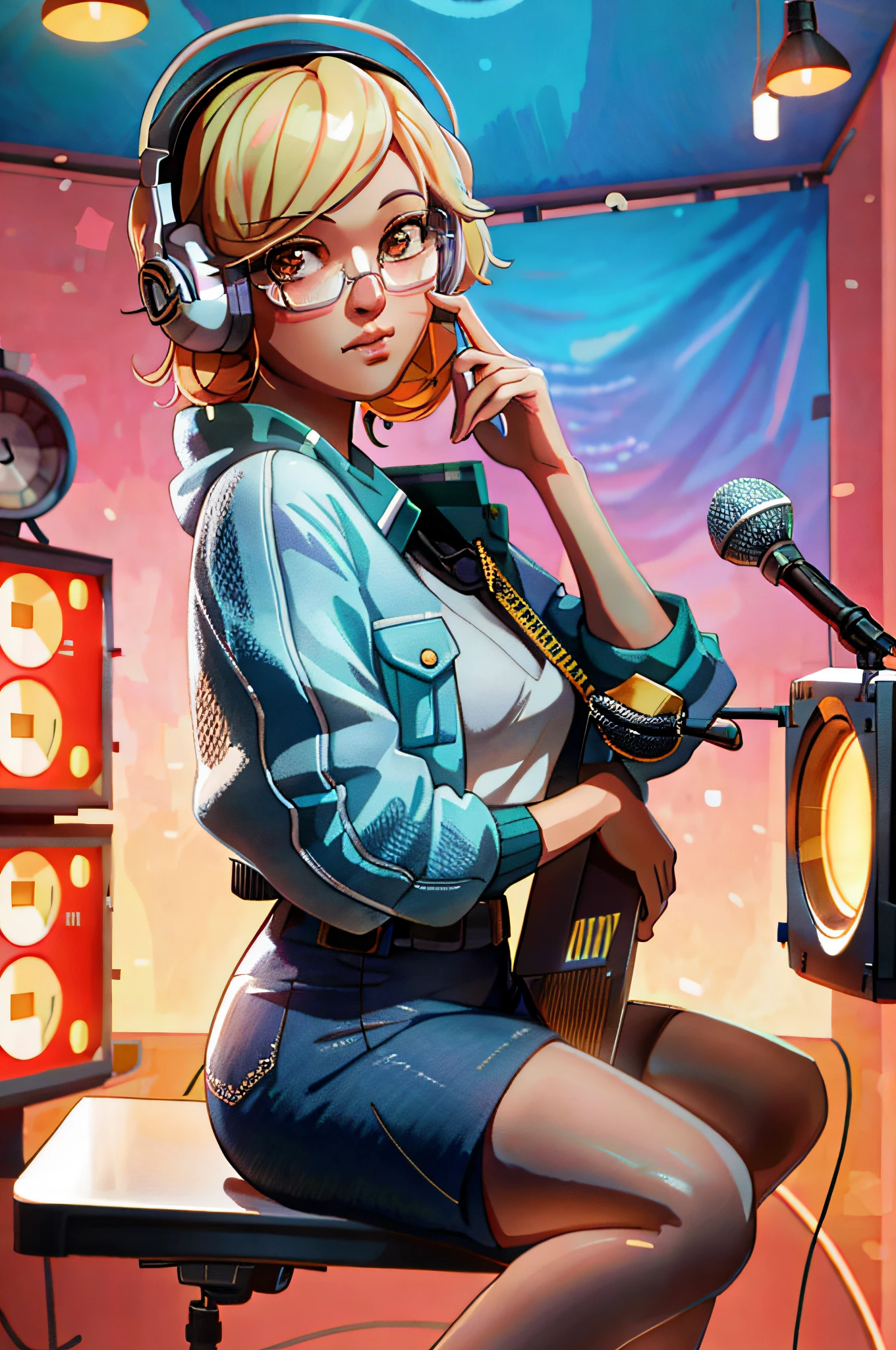 there is a woman sitting on a chair with headphones on, background artwork, lofi artstyle, lofi portrait, lofi girl, trending on cgstation, 3 d render stylized, 3 d render character art 8 k, realistic artstyle, artwork in the style of guweiz, realism artstyle, photorealistic artstyle, anime style. 8k