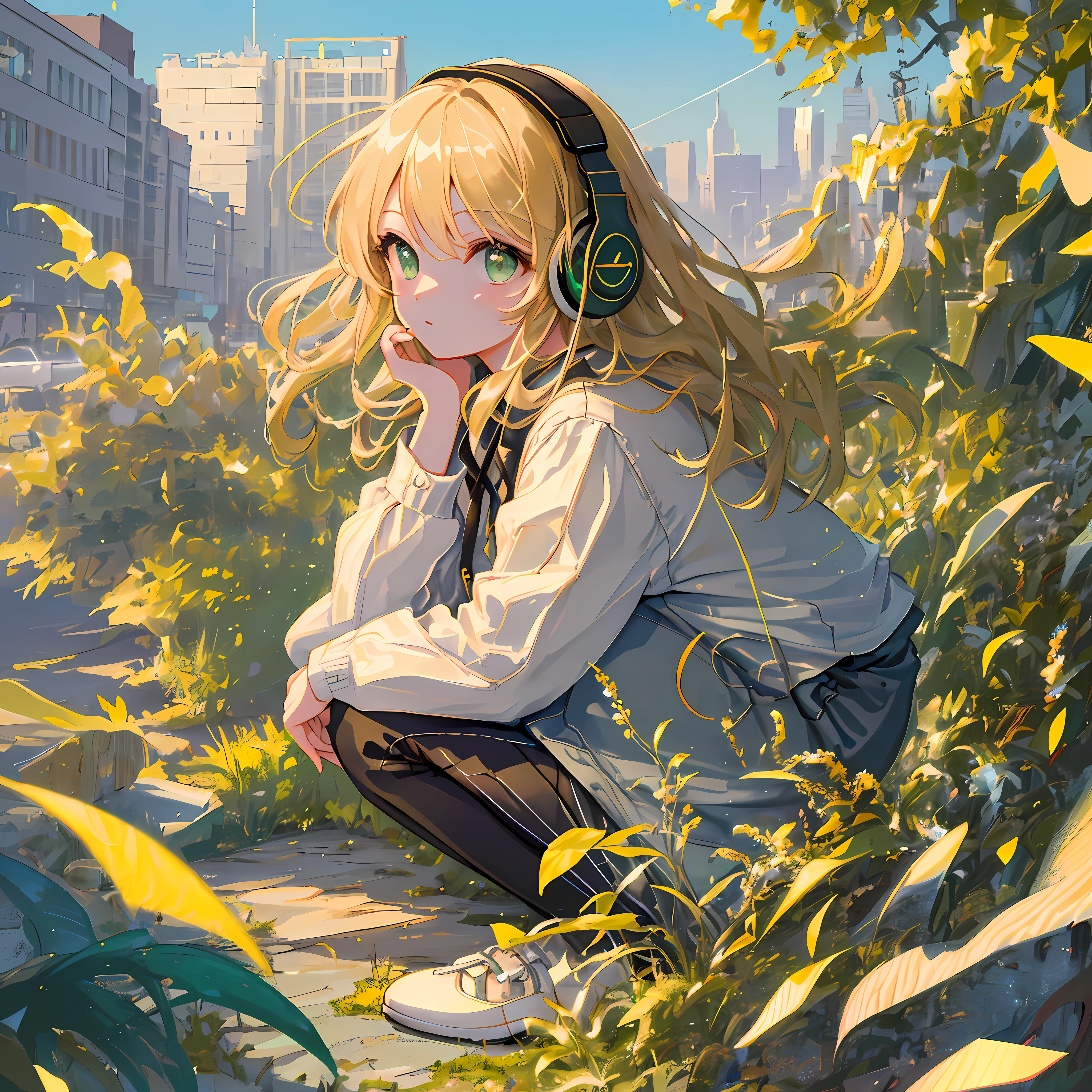 (masterpiece), (best quality, highres, highly-detailed, illustration), 1girl, solo, city, outdoors, looking at viewer, contemporary, profile picture closeup, blonde beige long hair, green eyes, beautiful detailed eyes, squatting, headphones, 8k, trending on ArtStation, featured on Pixiv, perfect anatomy, beautiful colors, beautiful composition, digital art