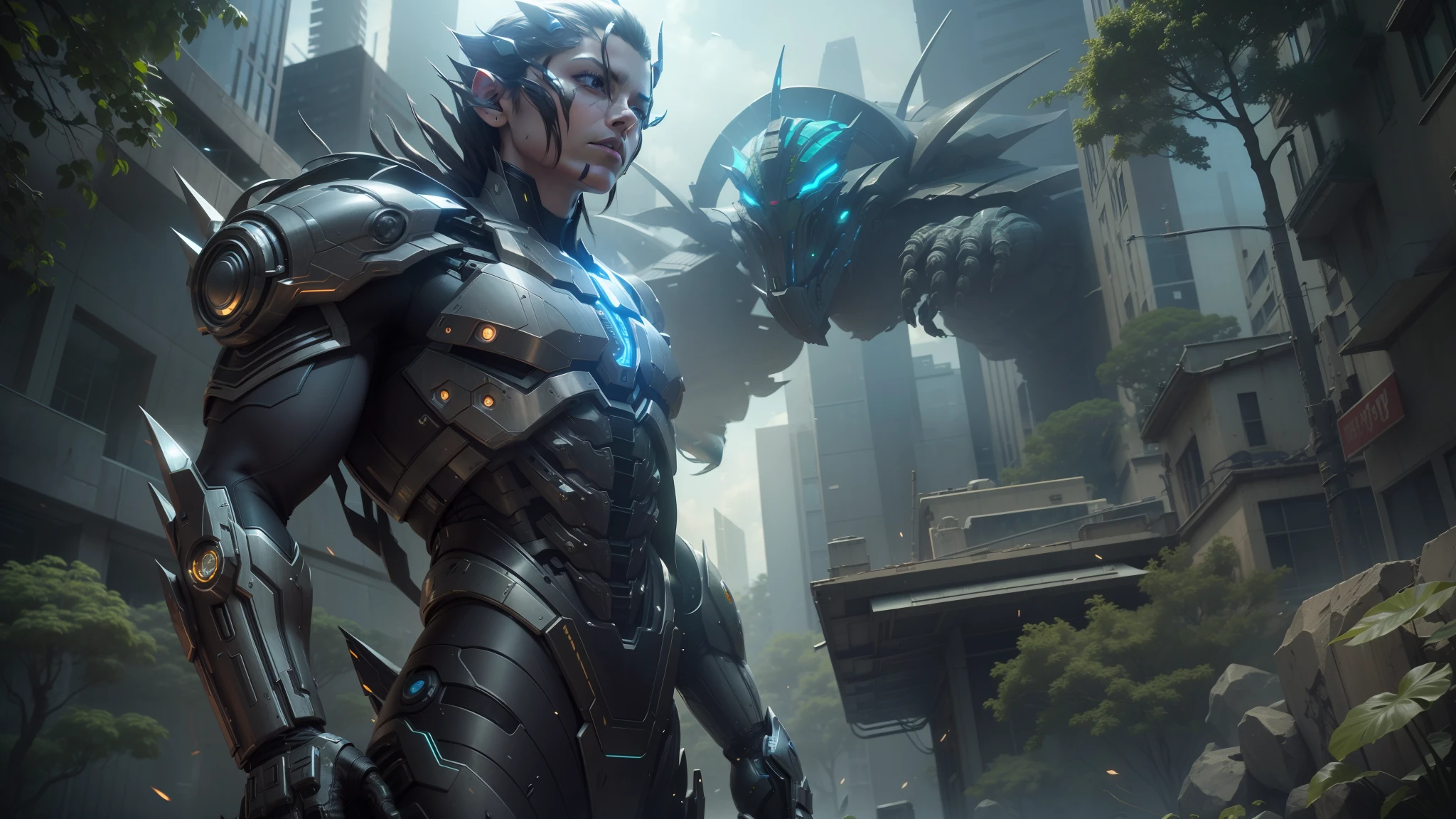 a close up of a person in a sci - fi outfit standing in front of a building, unreal engine: .2, movie still of a villain cyborg, movie still of a cool cyborg, vegetal dragon cyborg, movie still of aztec cyborg, mechanical vegetal cyborg, movie still of a alien cyborg, still from alita, unreal engine 3 --auto --s2