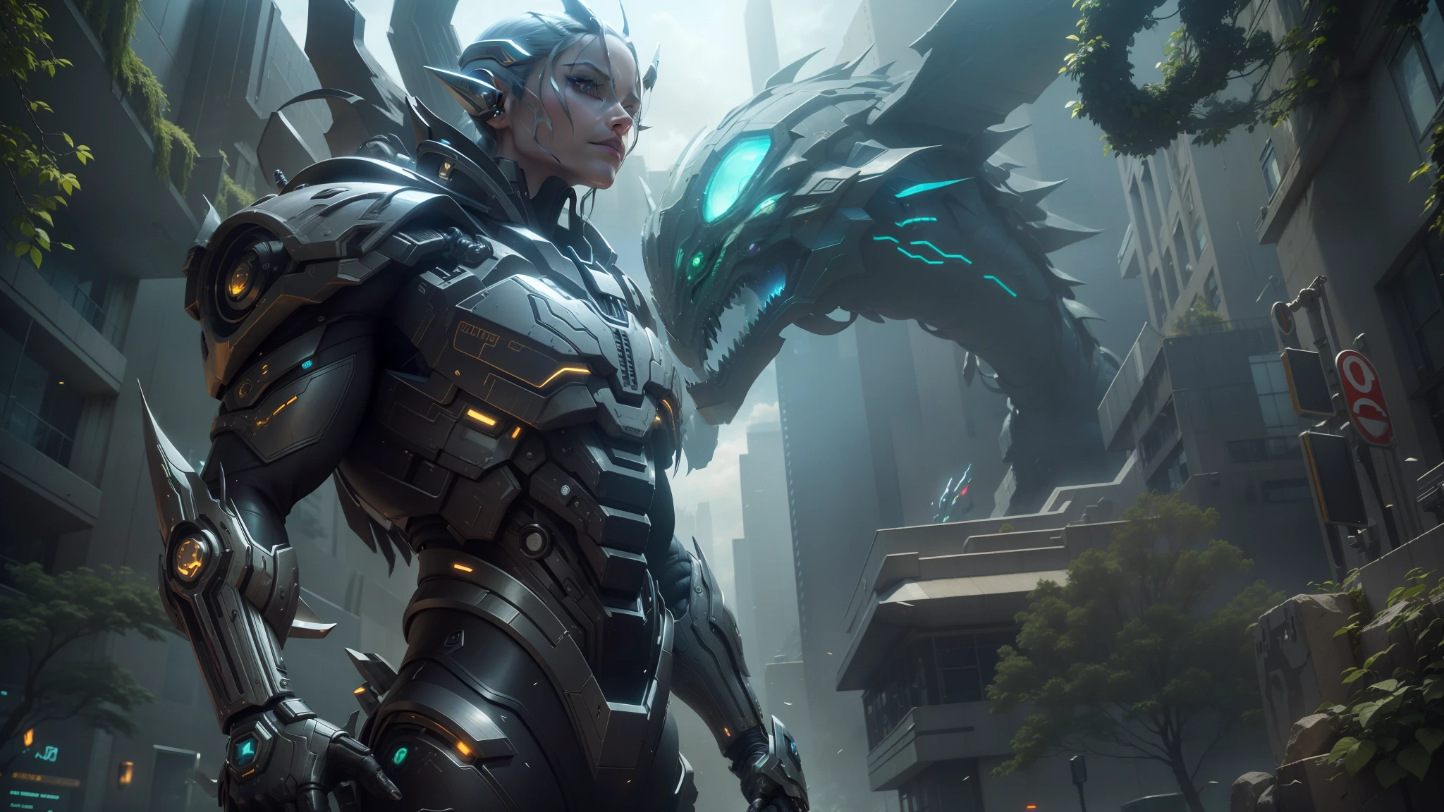 a close up of a person in a sci - fi outfit standing in front of a building, unreal engine: .2, movie still of a villain cyborg, movie still of a cool cyborg, vegetal dragon cyborg, movie still of aztec cyborg, mechanical vegetal cyborg, movie still of a alien cyborg, still from alita, unreal engine 3 --auto --s2