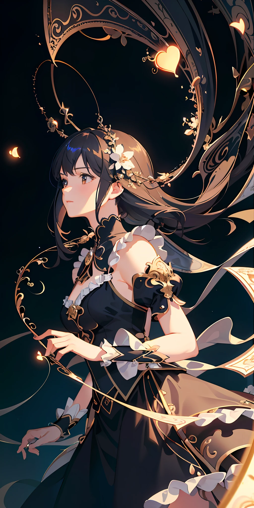 delicate and beautiful CG artwork),(best quality, ultra-detailed, high resolution),(dynamic angle, dynamic lighting),(1 girl),(masterpiece, top quality, best quality, official art, beautiful and aesthetic:1.2), (1girl:1.3), (fractal art:1.3), card, tarot, brown and blue hair, hearts, twin braids, hair flower, (good lighting:1.1), ((highres)), Tarot card style