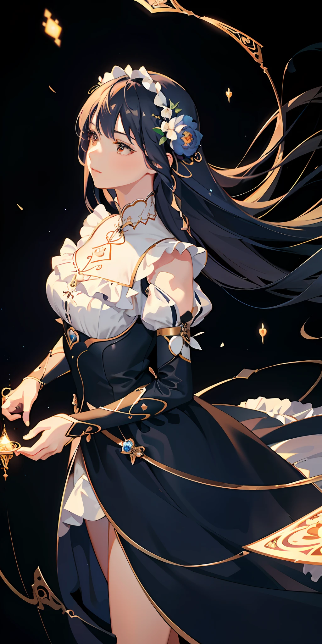 delicate and beautiful CG artwork),(best quality, ultra-detailed, high resolution),(dynamic angle, dynamic lighting),(1 girl),(masterpiece, top quality, best quality, official art, beautiful and aesthetic:1.2), (1girl:1.3), (fractal art:1.3), card, tarot, brown and blue hair, hearts, twin braids, hair flower, (good lighting:1.1), ((highres)), Tarot card style