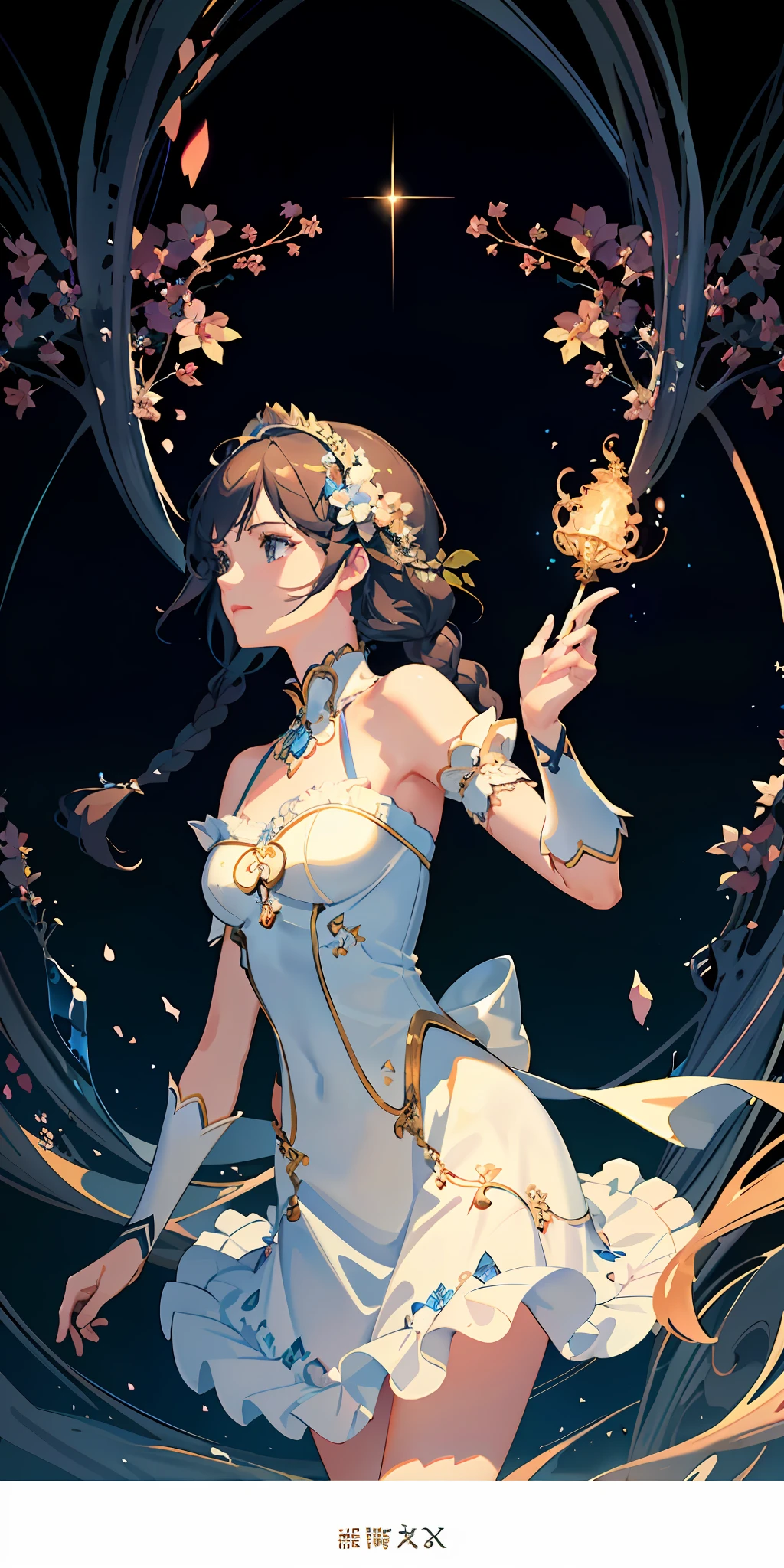delicate and beautiful CG artwork),(best quality, ultra-detailed, high resolution),(dynamic angle, dynamic lighting),(1 girl),(masterpiece, top quality, best quality, official art, beautiful and aesthetic:1.2), (1girl:1.3), (fractal art:1.3), card, tarot, brown and blue hair, hearts, twin braids, hair flower, (good lighting:1.1), ((highres)), Tarot card style