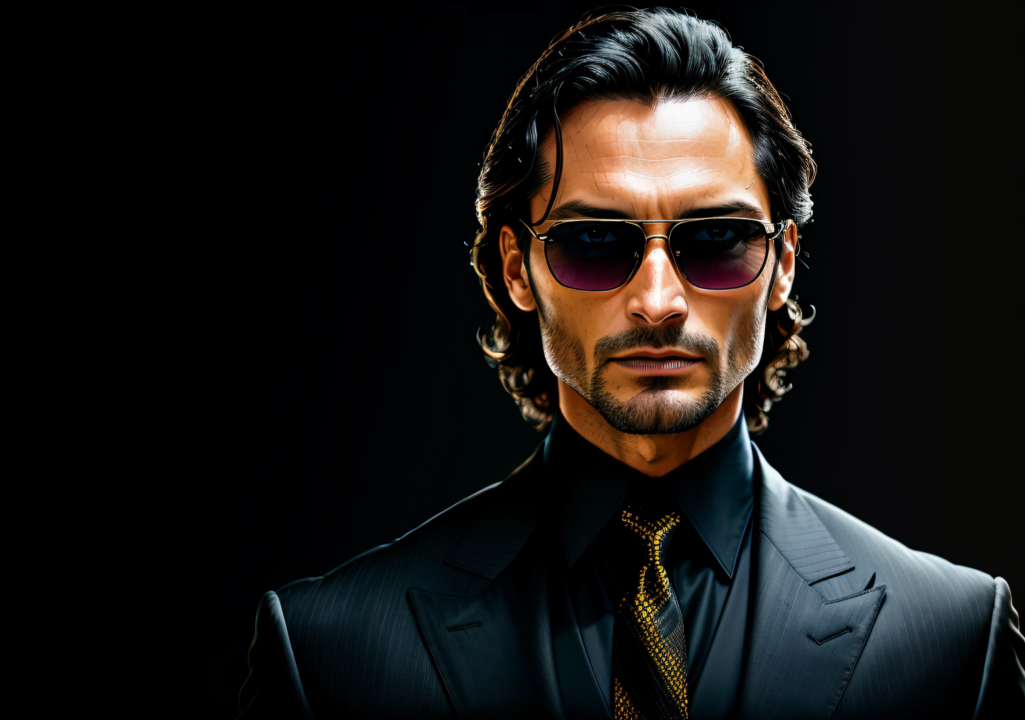 Rodrigo Santoro standing with his mouth sewn up, showing the entire body of designer suit, jewelry and tie dark photo: realistic epic, distant portrait, sunglasses, blue eyes, black hair, yellow gradient, black, brown and magenta color scheme, grunge aesthetic!!! War wall background, art and artgerm, soft cinematic light, adobe lightroom, photo lab, blurred background