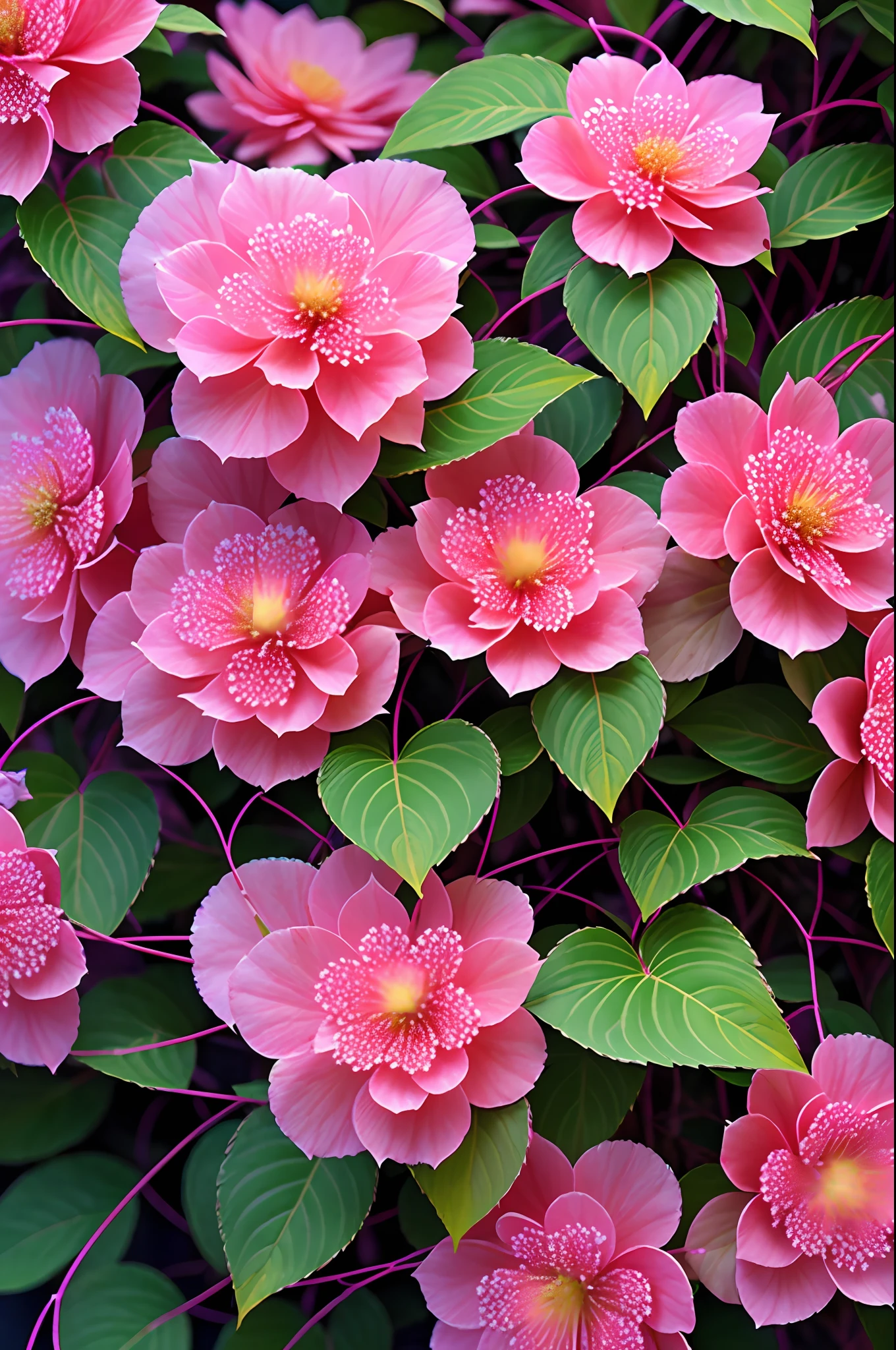 Close-up of weeping begonia in the garden, master works, begonia flowers, red pink light purple, many strings of begonia flowers, like wind chimes, delicate, crystal engine, colorful dazzling, sunny, HD, sunny, many details, high quality, 8k