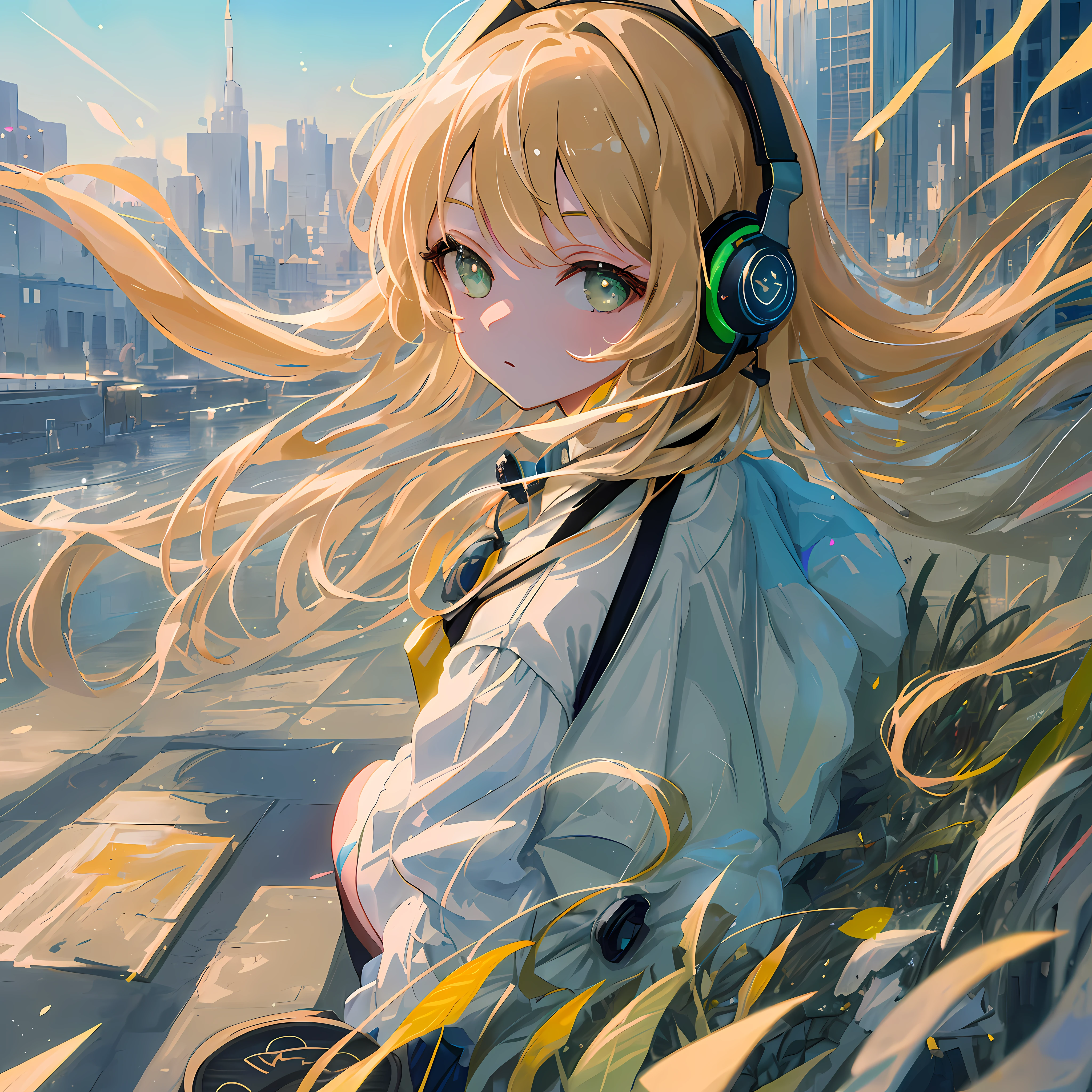 (best quality, highly-detailed, illustration), 1girl, solo, city, contemporary, profile picture closeup, blonde beige long hair, green eyes, beautiful detailed eyes, squatting, headphones, trending on ArtStation, featured on Pixiv, perfect anatomy, beautiful colors, beautiful composition, digital art, (masterpiece), highres, 8k, UHD, award winning