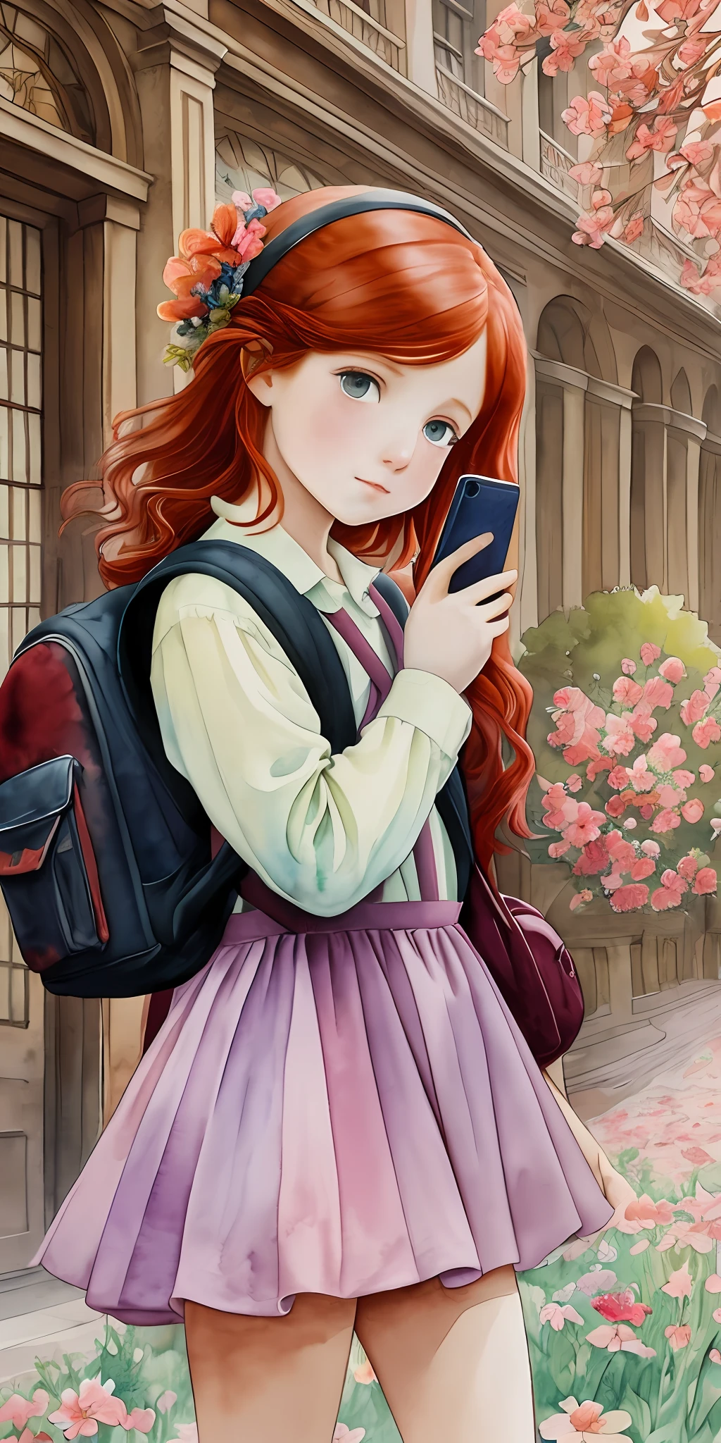((Renaissance painting style:1.2, watercolor:0.9),flowers),(vibrant red hair:1.2),(brave-faced girl holding her backpack:1.2),(notebooks),(cell phone in hand),(watercolor background details:0.8),[🌸🎒📱👧]