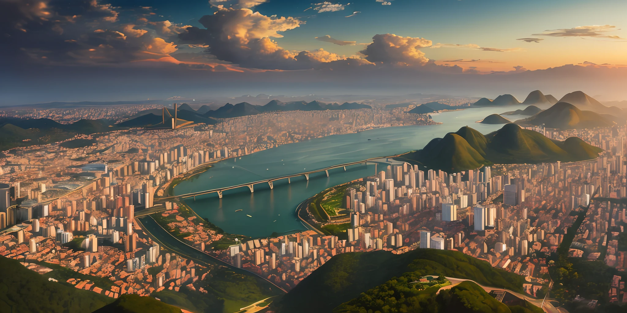 "Renaissance art style, oil painting, aerial view of Brazilian city in high resolution, dynamic angle, beautiful lighting and stunning skyline. Vastness of the cityscape stretches into the distance in an inspiring panoramic photo."