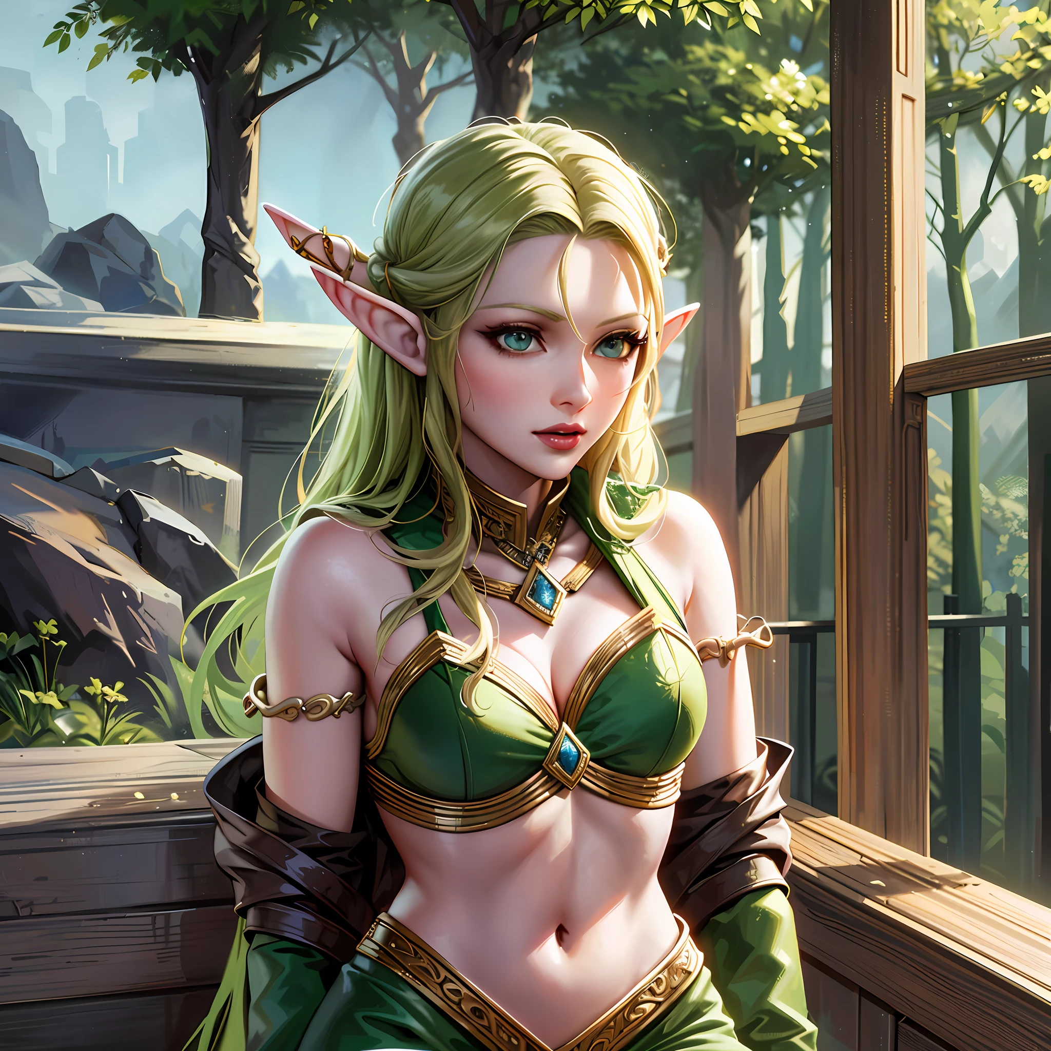 there is a woman in a green outfit posing for a picture, elf girl, beautiful and elegant female elf, alluring elf princess knight, portrait of very beautiful elf, portrait of an elf queen, extremely detailed artgerm, elf princess, female elf, ig model | artgerm, artgerm on artstation pixiv, portrait of an elf