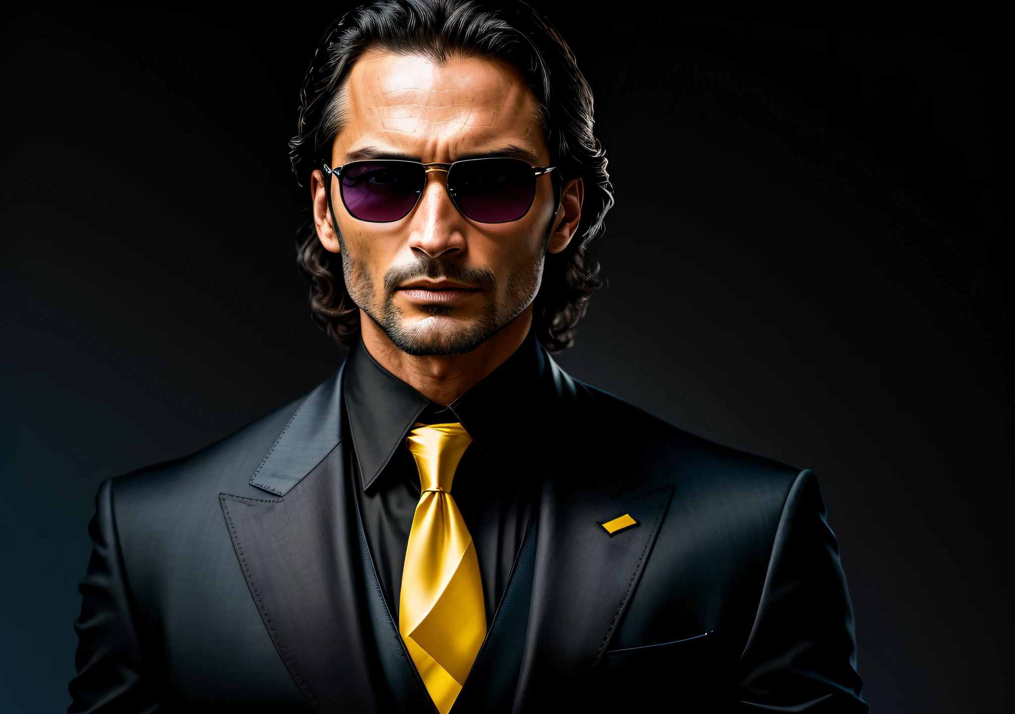 Rodrigo Santoro standing with his mouth sewn up, showing the entire body of designer suit, jewelry and tie dark photo: realistic epic, distant portrait, sunglasses, blue eyes, black hair, yellow gradient, black, brown and magenta color scheme, grunge aesthetic!!! War wall background, art and artgerm, soft cinematic light, adobe lightroom, photo lab, blurred background