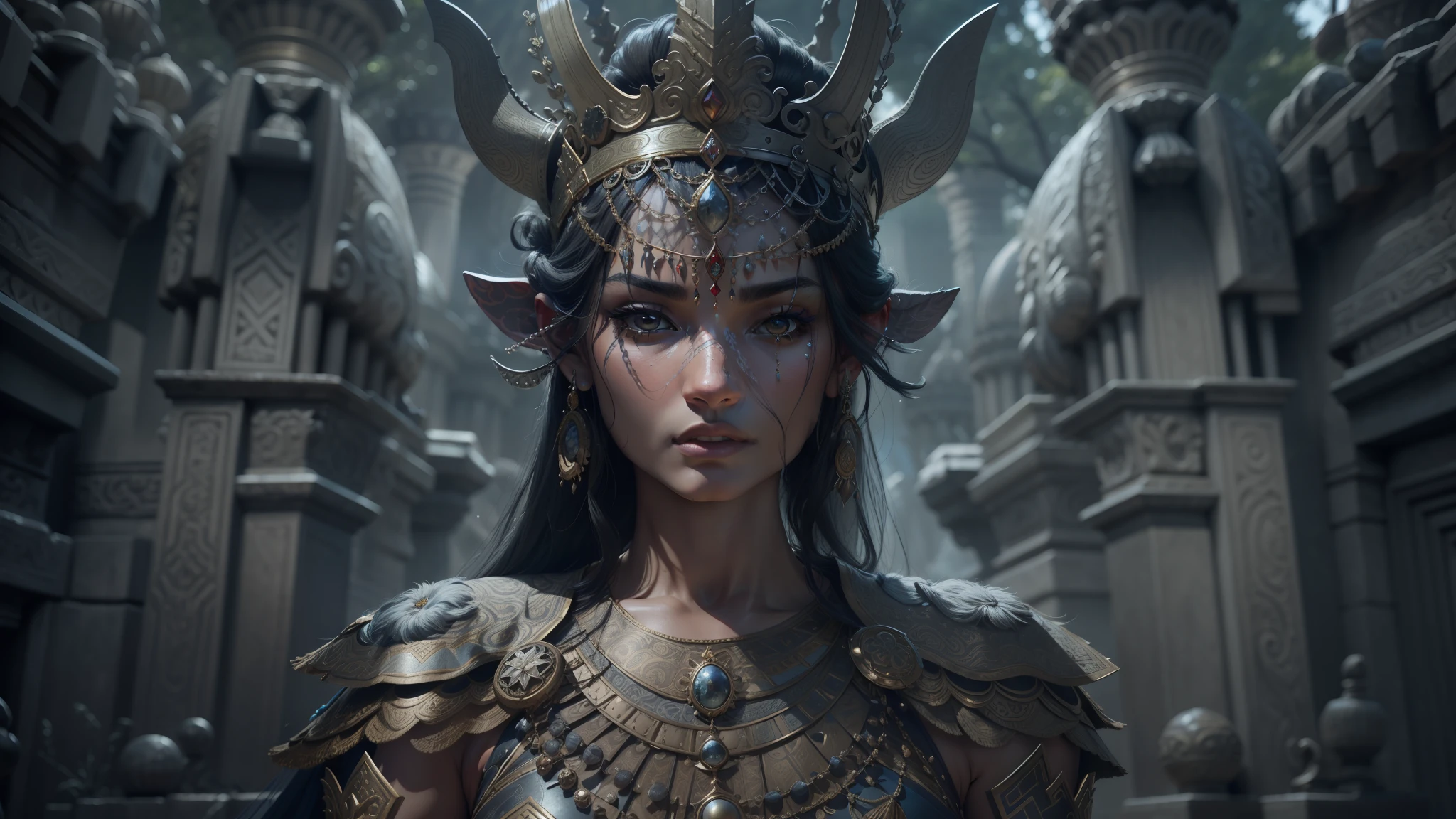 a close up of a woman wearing a crown and a dress, shanina shaik as medusa, apsaras warrior, ancient asian dynasty princess, cgsociety uhd 4k highly detailed, cinematic cgsociety, film still from god of war, beautiful female warrior, cgsociety 4 k uhd, sukhothai costume, highly detailed vfx portrait of --auto --s2