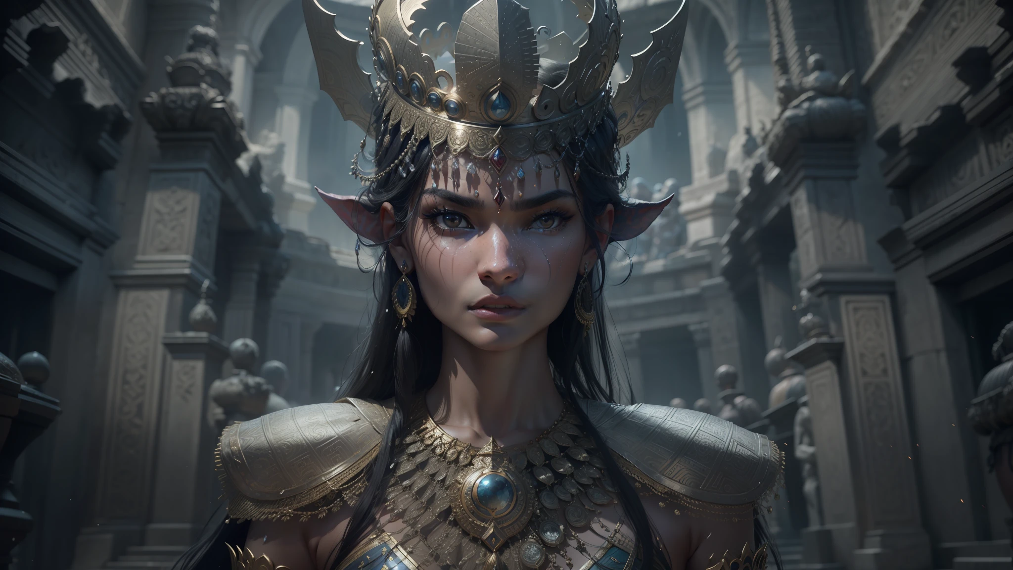 a close up of a woman wearing a crown and a dress, shanina shaik as medusa, apsaras warrior, ancient asian dynasty princess, cgsociety uhd 4k highly detailed, cinematic cgsociety, film still from god of war, beautiful female warrior, cgsociety 4 k uhd, sukhothai costume, highly detailed vfx portrait of --auto --s2