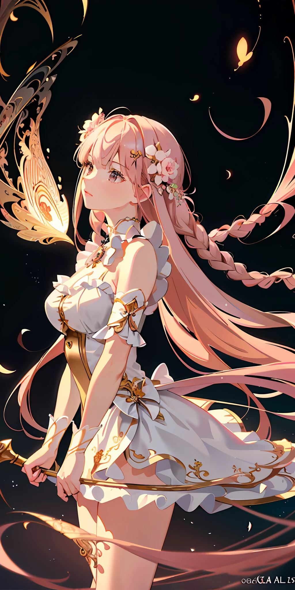 delicate and beautiful CG artwork),(best quality, ultra-detailed, high resolution),(dynamic angle, dynamic lighting),(1 girl),(masterpiece, top quality, best quality, official art, beautiful and aesthetic:1.2), (1girl:1.3), (fractal art:1.3), card, tarot, brown and pink hair, hearts, twin braids, hair flower, (good lighting:1.1), ((highres)), Tarot card style