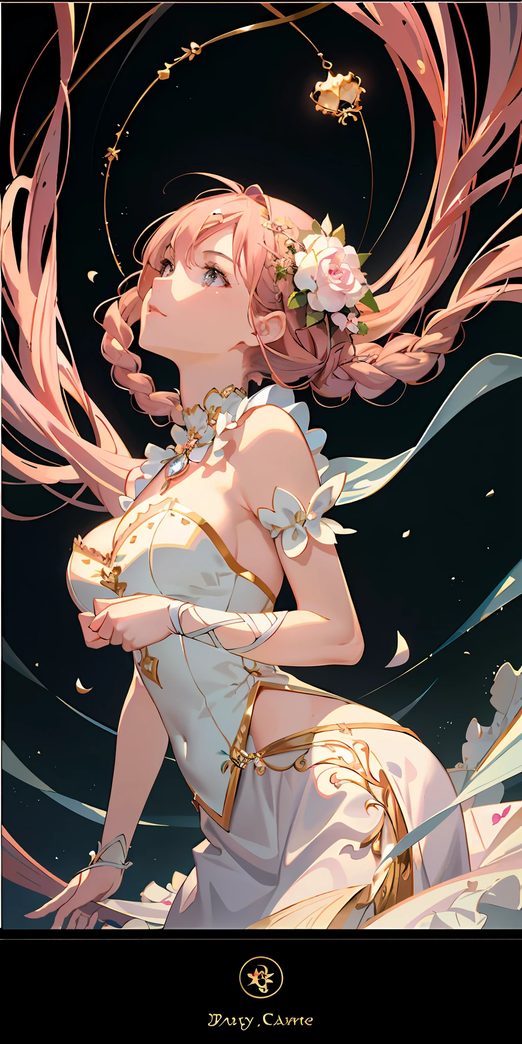 delicate and beautiful CG artwork),(best quality, ultra-detailed, high resolution),(dynamic angle, dynamic lighting),(1 girl),(masterpiece, top quality, best quality, official art, beautiful and aesthetic:1.2), (1girl:1.3), (fractal art:1.3), card, tarot, brown and pink hair, hearts, twin braids, hair flower, (good lighting:1.1), ((highres)), Tarot card style