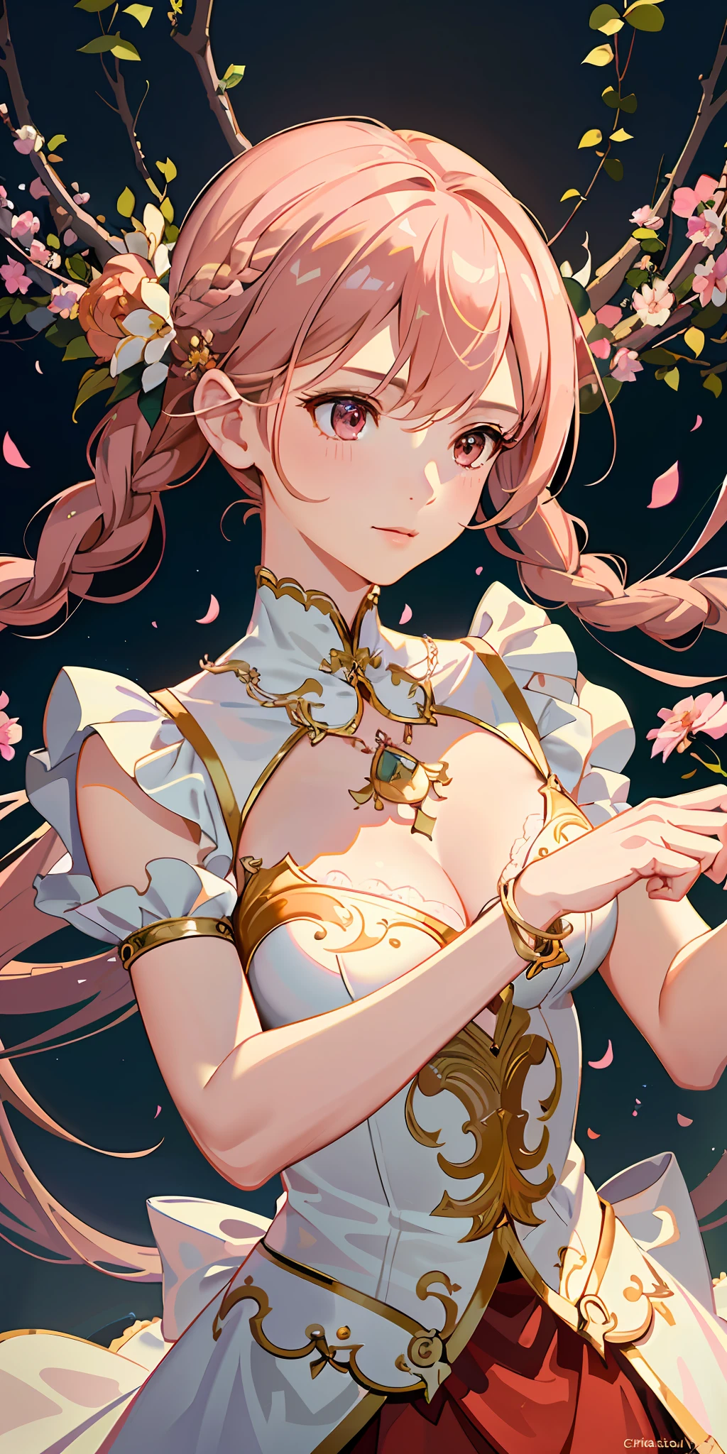 delicate and beautiful CG artwork),(best quality, ultra-detailed, high resolution),(dynamic angle, dynamic lighting),(1 girl),(masterpiece, top quality, best quality, official art, beautiful and aesthetic:1.2), (1girl:1.3), (fractal art:1.3), card, tarot, brown and pink hair, hearts, twin braids, hair flower, (good lighting:1.1), ((highres)), Tarot card style