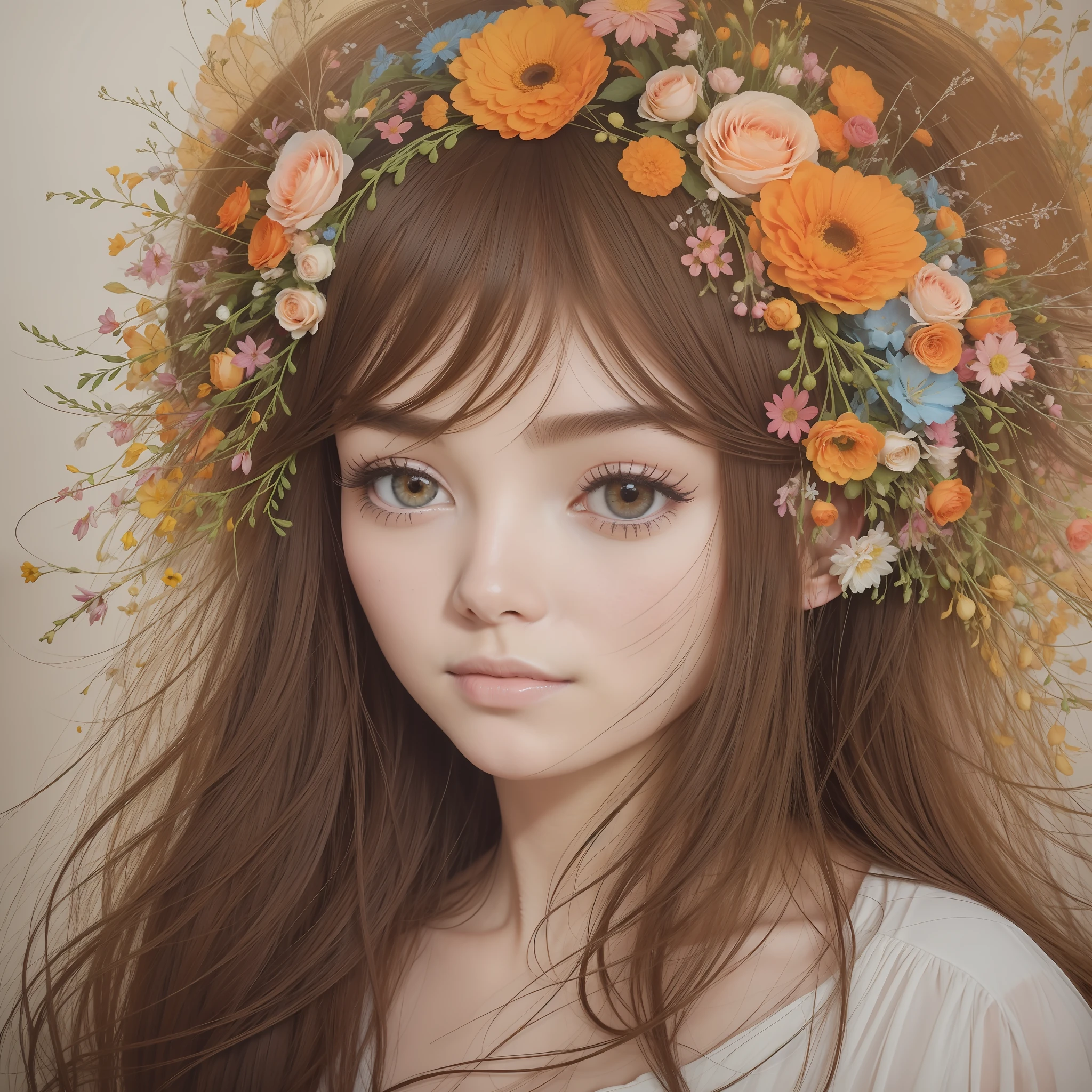 lady with flowers on her head is an acrylic painting, in the style of lucy glendinning, tony diterlizzi, organic and naturalistic compositions, floral explosions, ferris plock, light orange and brown, serene faces --ar 3:4 -