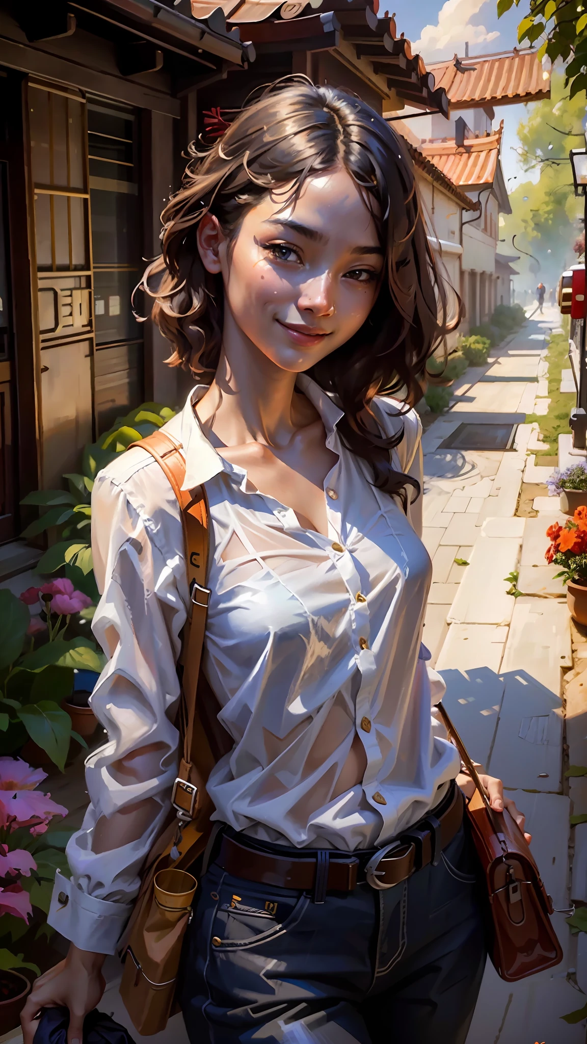 Realistic, Ultra High Pixel, 16k, girl, sixteen years old, very young, very thin, thin figure, intricate, (radiosity), (highest quality), college campus background, college campus, Chinese style residence, Chinese street, sunshine, flowers, an innocent beautiful sunny asian girl, very thin, lazy, casual, smile, smile casual, lazy smile, oil painting style, digital art oil painting, Steve Henderson style, digital expressive oil painting, inspired by Richard Schmid, Stunning digital paint, masterpiece, HD, Ultra HD, 32k, oil painting style, digital oil painting, Henry Asensio, WLOP painting style, Pino Dianey style, Pino Dianey style