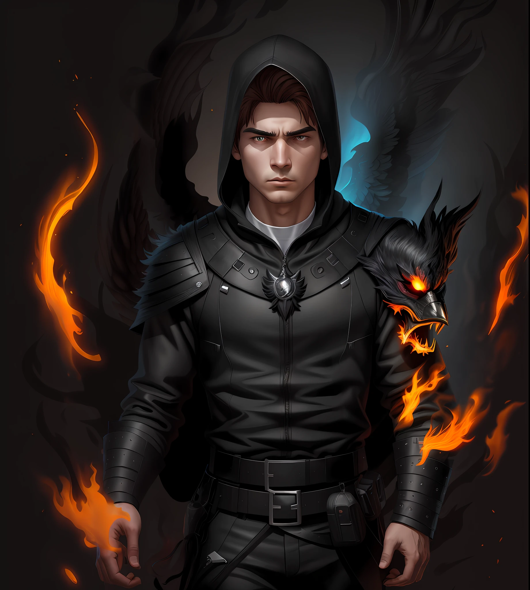 A Phoenix behind the character, younger face, black hood