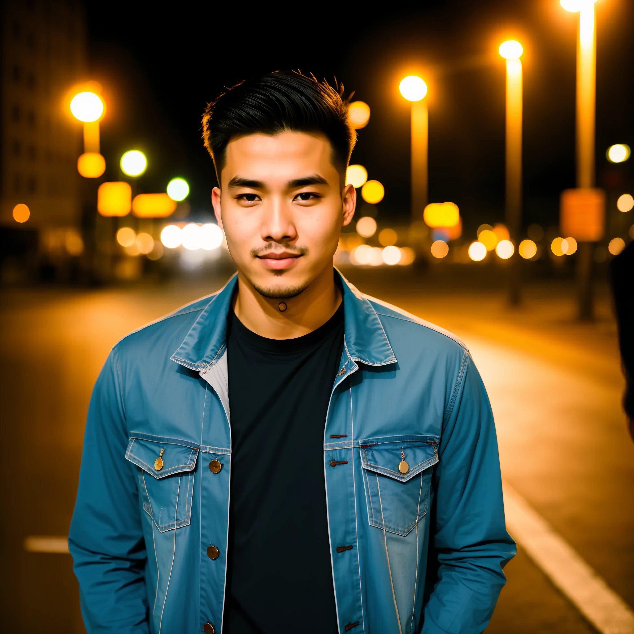 RAW photo, a portrait photo of 25 y.o man in casual clothes, night, city street, (high detailed skin:1.2), 8k uhd, dslr, soft lighting, high quality, film grain, Fujifilm XT3