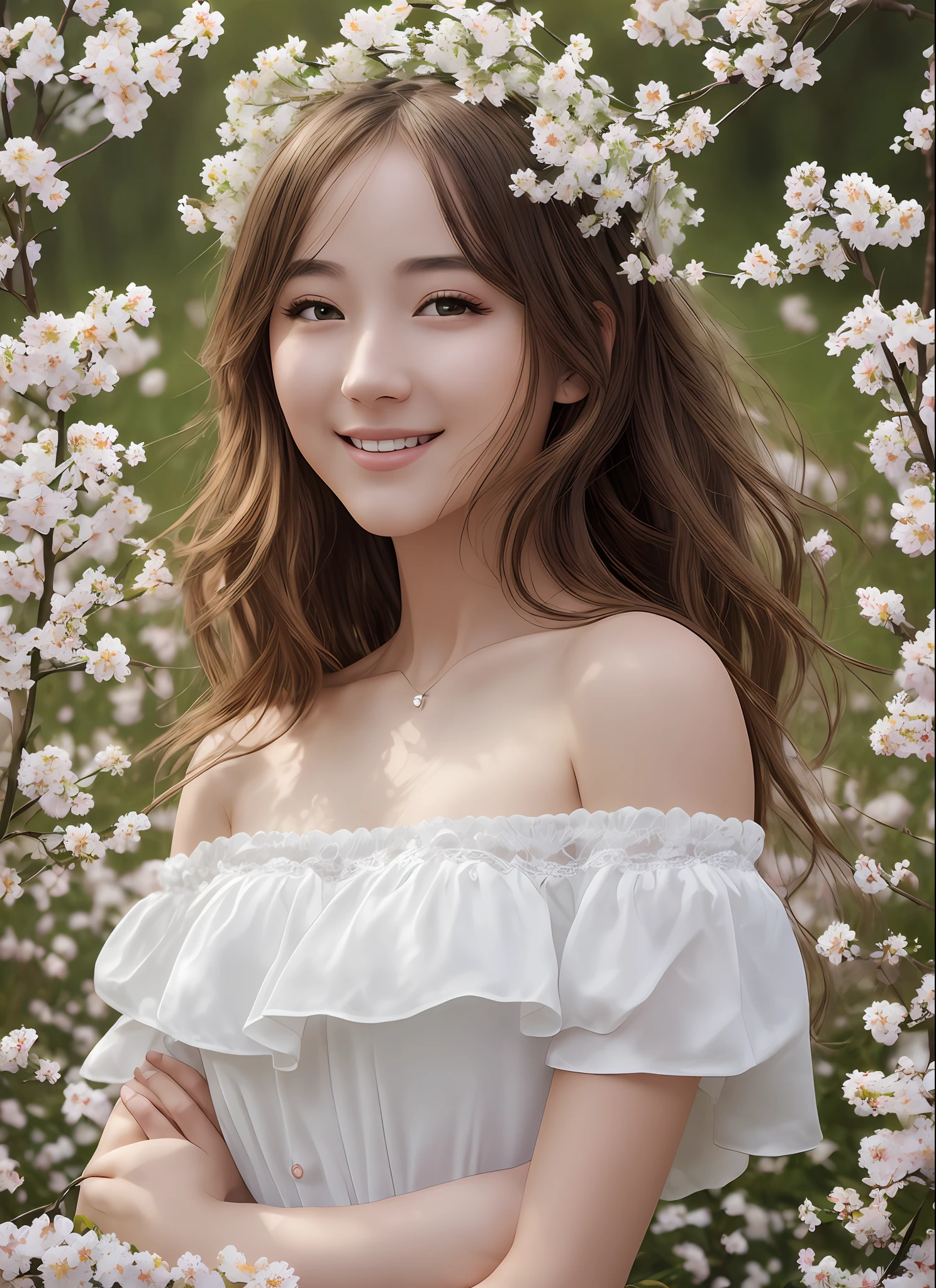 Best quality, masterpiece, ultra high res, (photorealistic:1.4), raw photo, upper body, 1girl, white dress, off shoulder, blossom flower field, glowing skin, light smile --auto --s2
