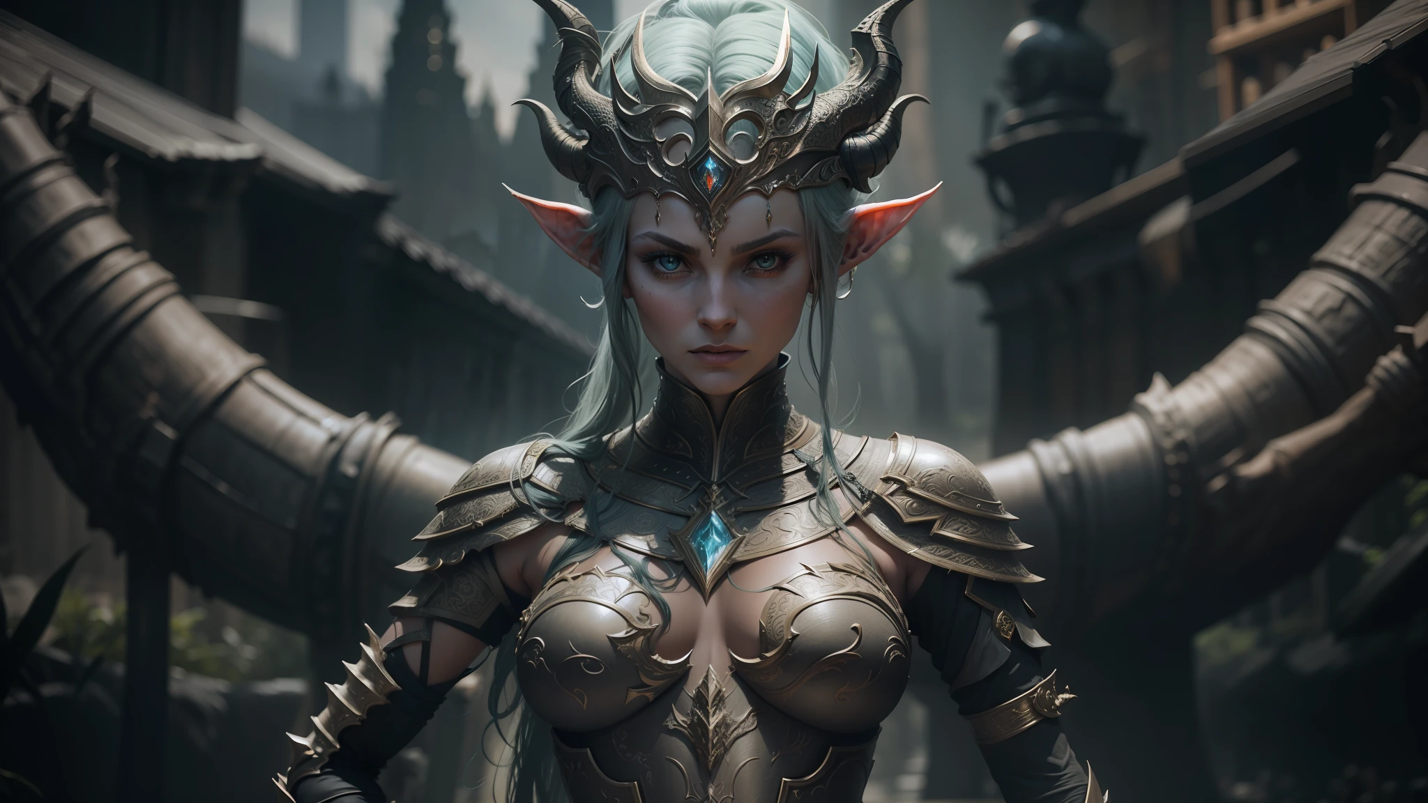 a close up of a statue of a woman with horns and a dragon like body, elven armor, epic elven warrior, ornate cosplay, cyberpunk robotic elvish queen, elven warrior princess, stefan gesell, apsaras warrior, very beautiful elven top model, still from a fantasy movie, beautiful female warrior, female armor, dark fantasy sci fi --auto --s2