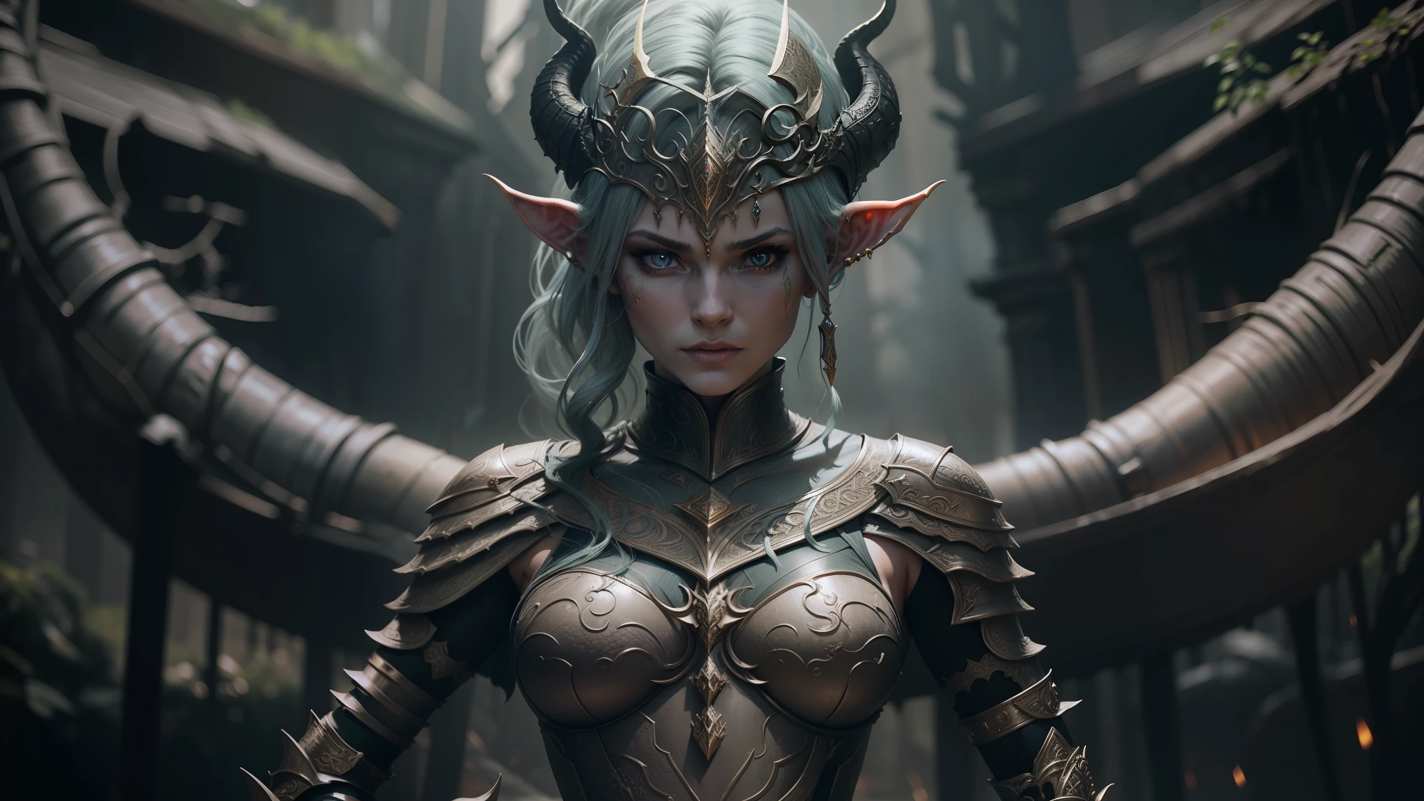 a close up of a statue of a woman with horns and a dragon like body, elven armor, epic elven warrior, ornate cosplay, cyberpunk robotic elvish queen, elven warrior princess, stefan gesell, apsaras warrior, very beautiful elven top model, still from a fantasy movie, beautiful female warrior, female armor, dark fantasy sci fi --auto --s2