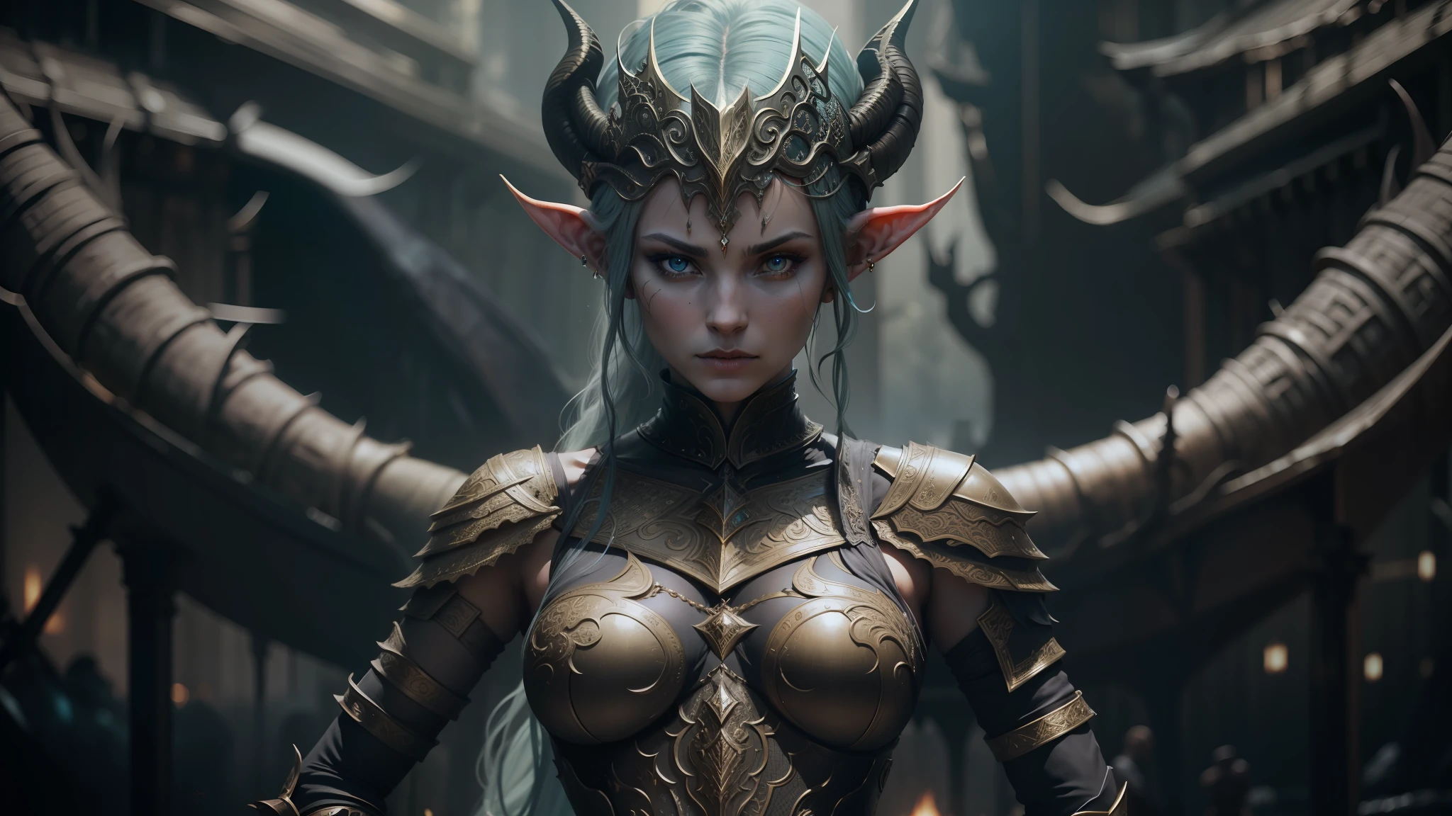 a close up of a statue of a woman with horns and a dragon like body, elven armor, epic elven warrior, ornate cosplay, cyberpunk robotic elvish queen, elven warrior princess, stefan gesell, apsaras warrior, very beautiful elven top model, still from a fantasy movie, beautiful female warrior, female armor, dark fantasy sci fi --auto --s2