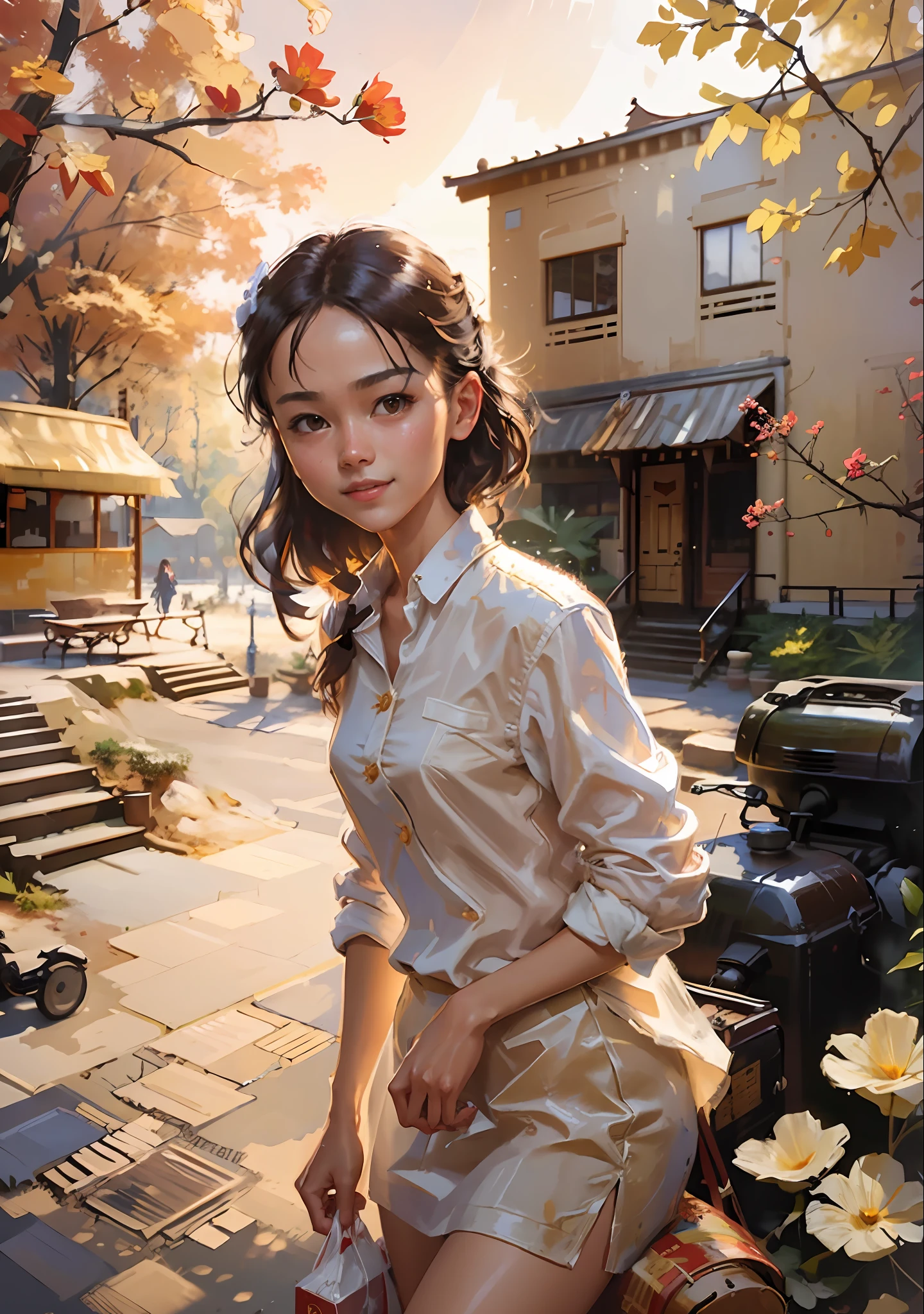 realistic, girl, sixteen years old, very young, very thin, thin figure, intricate, (light energy transfer), (highest quality), college campus background, college campus, chinese style residence, chinese street, sunshine, flowers, an innocent beautiful sunny asian girl, very skinny, lazy, casual, smile, casual smile, lazy smile, oil painting style, digital art oil painting, steve henderson style, digital expressive oil painting, inspired by Richard Schmid, stunning digital paint, masterpiece , HD, Ultra HD, 32k, Oil Painting Style, Digital Oil Painting, Henry Asensio, WLOP Painting Style, Pinot Dianey Style, Pino Dianey Style