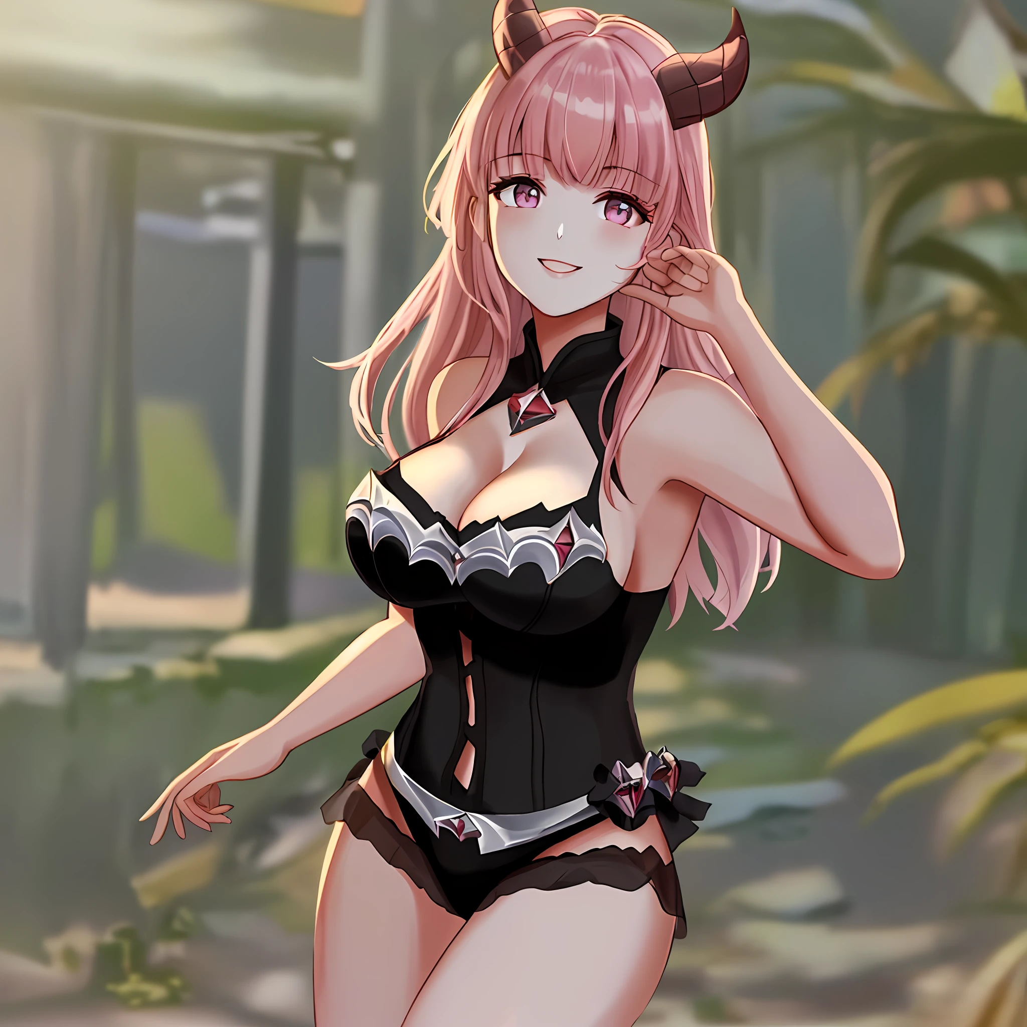 ((Best quality, 8k, Masterpiece :1.3)), 1girl, beautiful woman with emphasis on plump abs: 1.3, full body, (long hair, big breasts: 1.2), oversized tank top: 1.2, ultra-delicate face, delicate eyes, double eyelids, smile, home, pink hair, pink eyes, Alice from mobile legends bang bang game,((wearing black lingerie: 1.3))