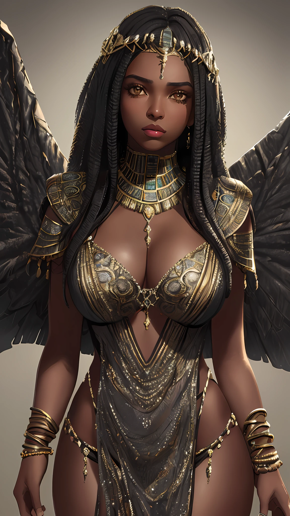 1black girl, (((ultra realistic details)), portrait, global lighting, shadows, octane render, 8k, ultra sharp, hell, intricate, detailed ornaments, cool colors, egyptian detail, highly intricate details, realistic light, trend in cgsociety, bright eyes, front camera, neon details, damaged wings