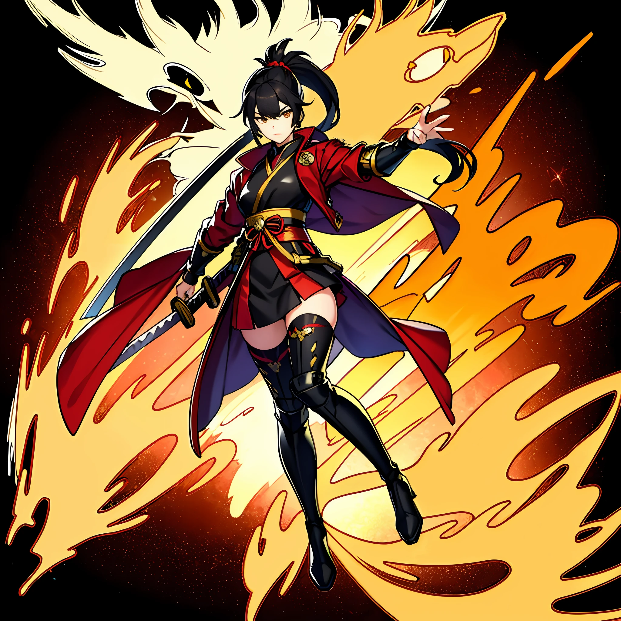 masterpiece, best quality, 1girl, solo, black hair, looking at viewer, ponytail, hair ornament,, holding, closed mouth, jacket, full body, yellow eyes, katana, black and red samurai armor, splash art, fire Phoenix in space background, Golden constructs in background