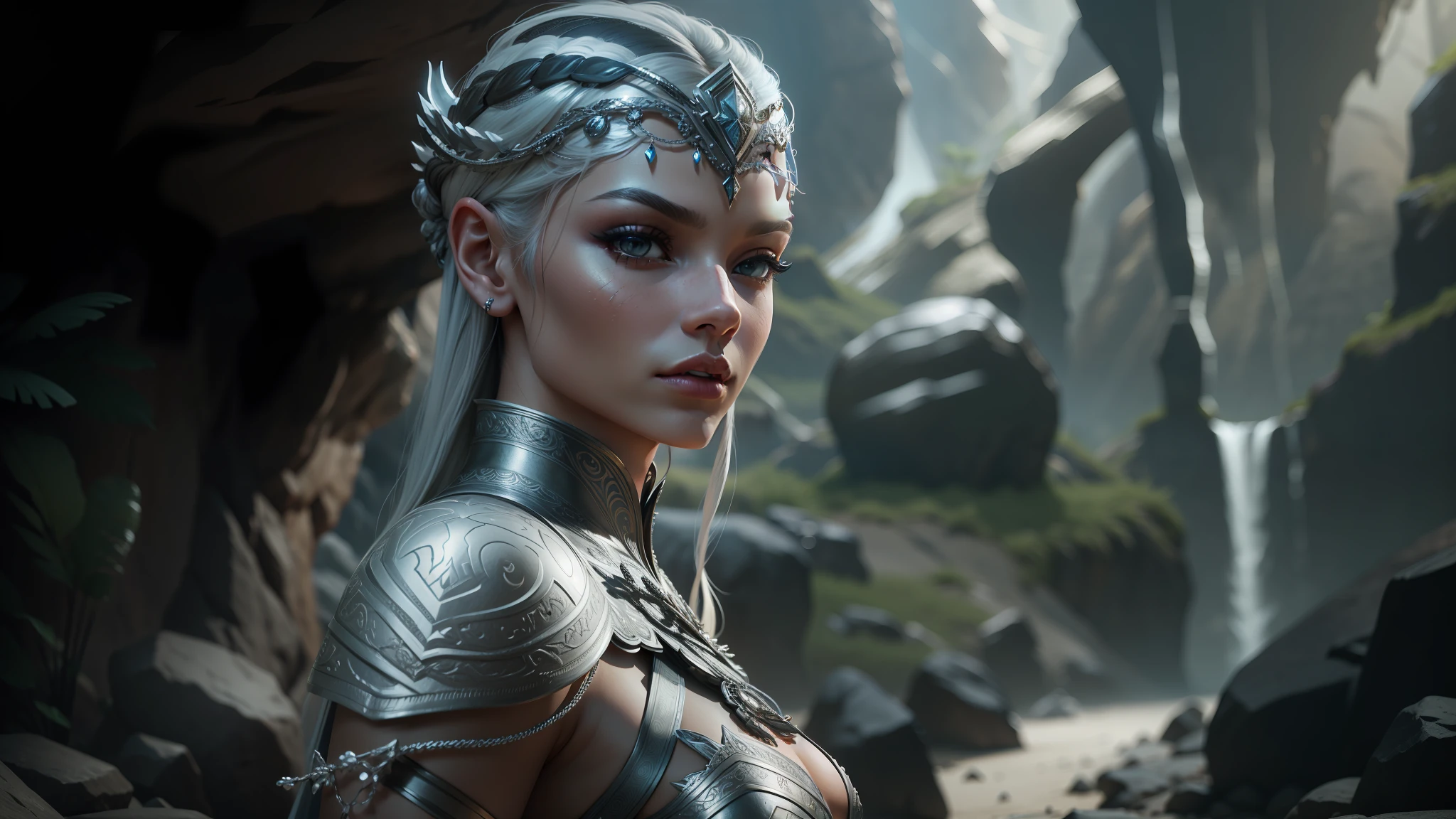 a woman in a silver costume stands in front of a rock, unreal engine render + a goddess, artgerm ; 3d unreal engine, shanina shaik as medusa, cgsociety unreal engine, mila kunis as daenerys targaryen, makeup. unreal engine, still from a fantasy movie, unreal engine : : rave makeup, cgsociety 4 k uhd --auto --s2