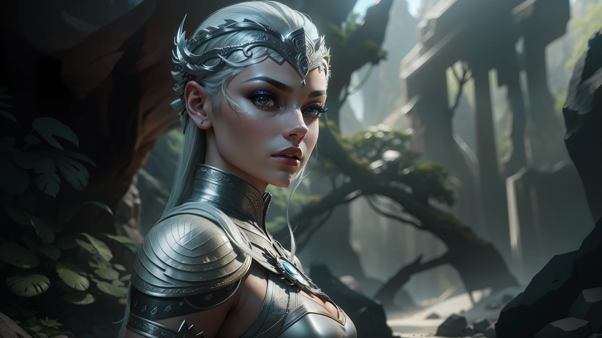 a woman in a silver costume stands in front of a rock, unreal engine render + a goddess, artgerm ; 3d unreal engine, shanina shaik as medusa, cgsociety unreal engine, mila kunis as daenerys targaryen, makeup. unreal engine, still from a fantasy movie, unreal engine : : rave makeup, cgsociety 4 k uhd --auto --s2