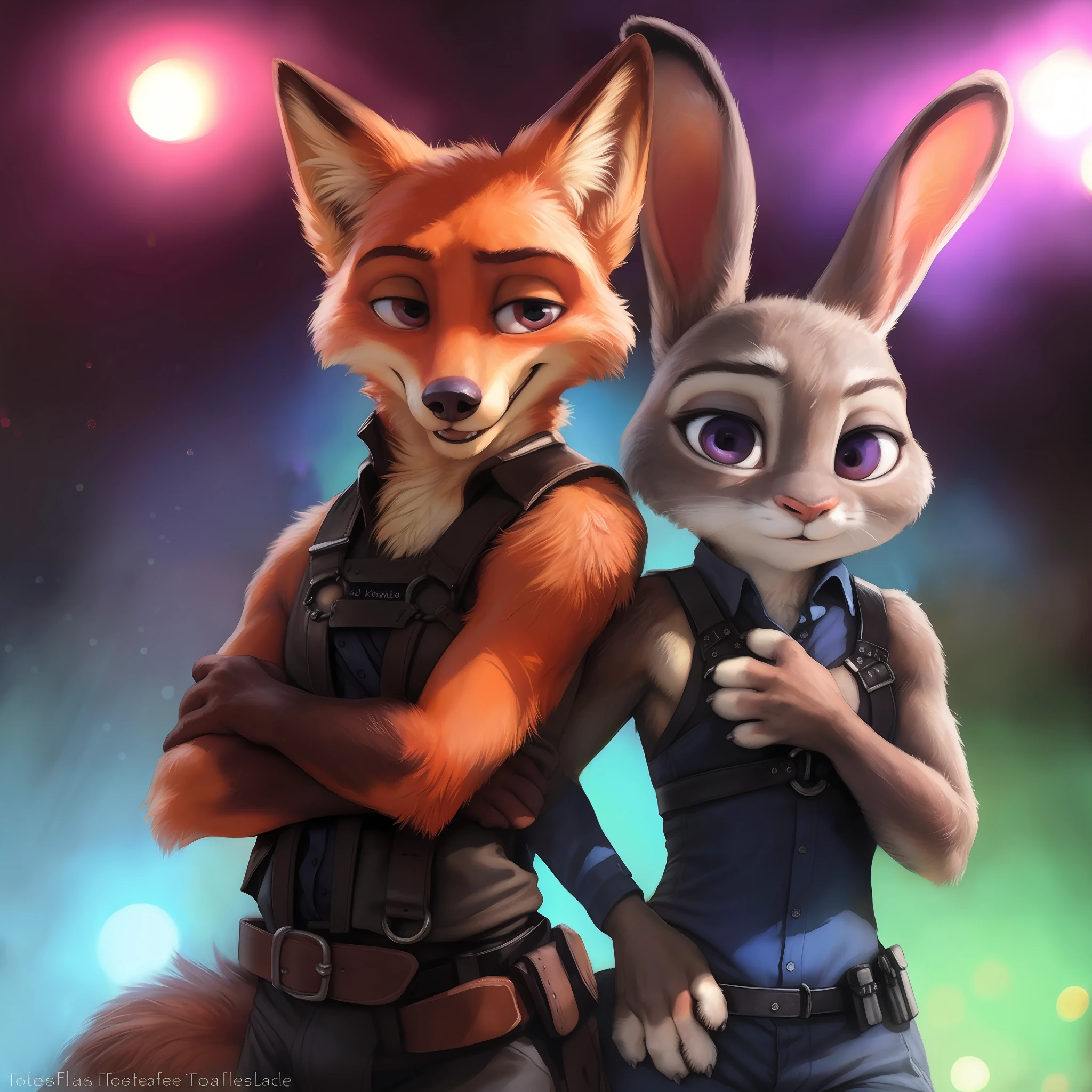 by kenket, by totesfleisch8, (by thebigslick, by silverfox5213:0.8), (by syuro:0.2), (duo, side-by-side:1.2), anthro, rabbit, canid, fox, nick wilde, sheath, judy hopps,, zootopia, standing, looking at viewer, nightclub, leather clothing, harness,