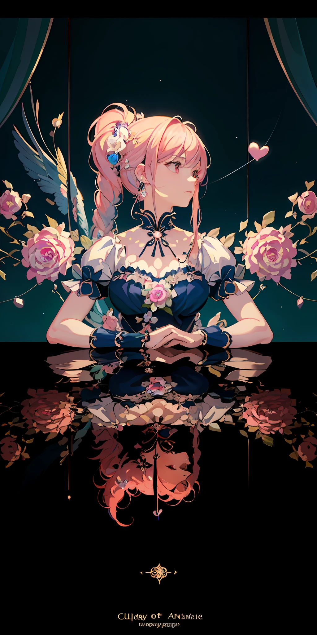delicate and beautiful CG artwork),(best quality, ultra-detailed, high resolution),(dynamic angle, dynamic lighting),(1 girl),(masterpiece, top quality, best quality, official art, beautiful and aesthetic:1.2), (1girl:1.3), (fractal art:1.3), card, tarot, blue and pink hair, hearts, twin braids, hair flower, (good lighting:1.1), ((highres)), Tarot card style