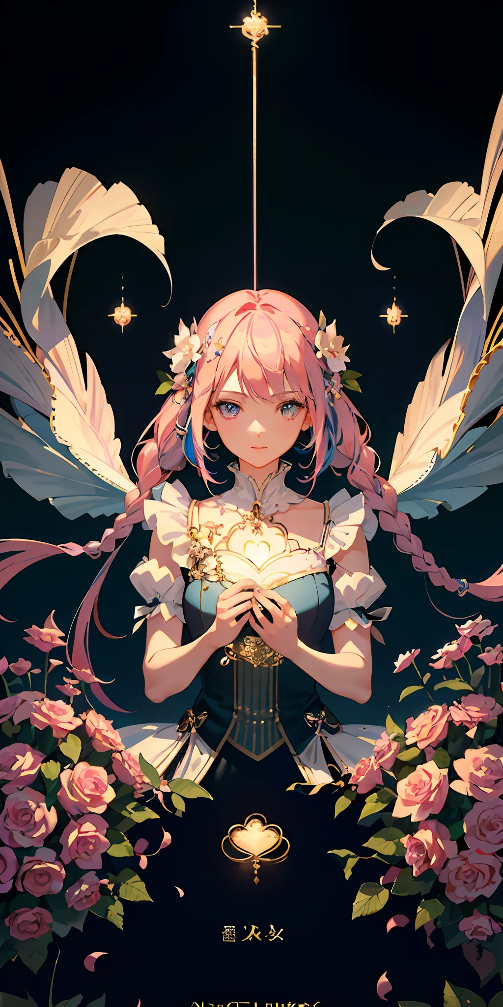delicate and beautiful CG artwork),(best quality, ultra-detailed, high resolution),(dynamic angle, dynamic lighting),(1 girl),(masterpiece, top quality, best quality, official art, beautiful and aesthetic:1.2), (1girl:1.3), (fractal art:1.3), card, tarot, blue and pink hair, hearts, twin braids, hair flower, (good lighting:1.1), ((highres)), Tarot card style