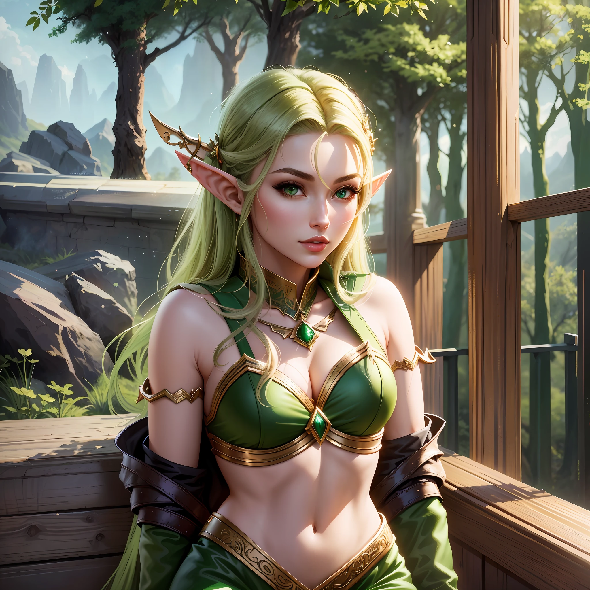 there is a woman in a green outfit posing for a picture, elf girl, alluring elf princess knight, portrait of an elf queen, extremely detailed artgerm, female elf, elf princess, beautiful and elegant female elf, ig model | artgerm, artgerm on artstation pixiv, artgerm detailed, elven princess