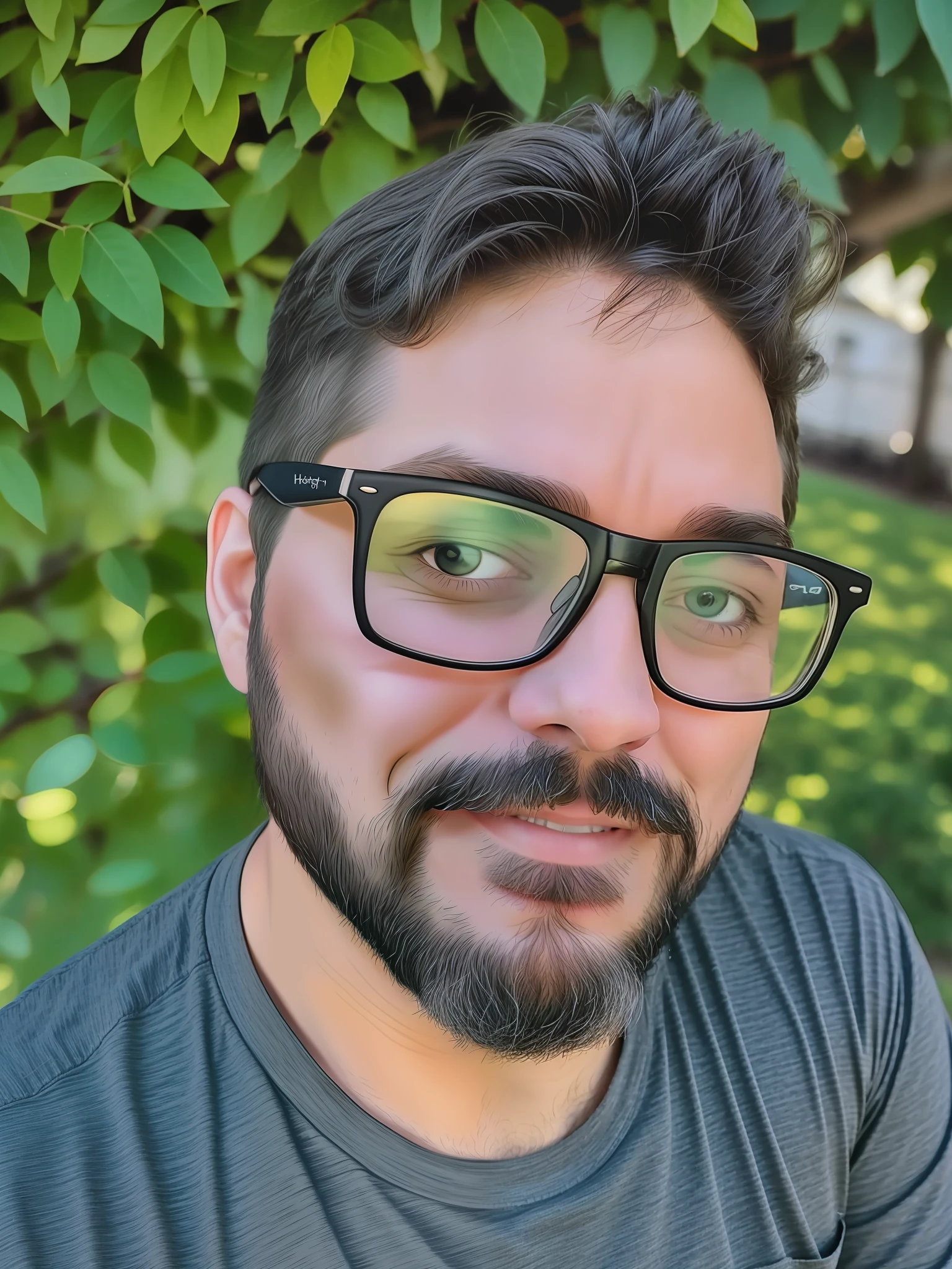 There's a bespectacled and bearded man wearing a gray shirt, with glasses and goatee, with nerdy glasses and goatee, 8k selfie photography, with nerd! glasses! and goatee, headshot profile picture, heavy eyes to the side.