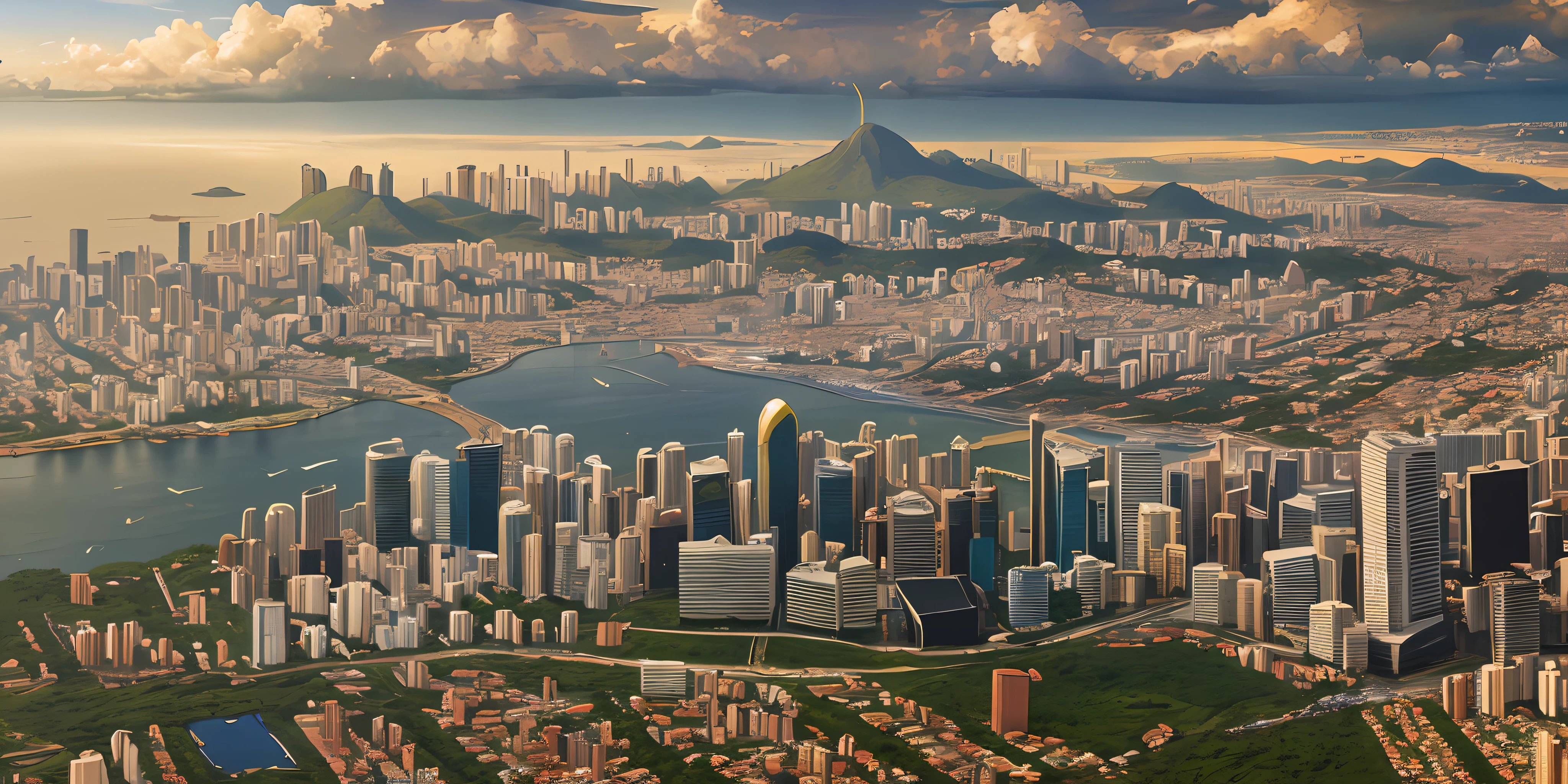 "Renaissance art style, oil painting, aerial view of Brazilian city in high resolution, dynamic angle, beautiful lighting and stunning skyline. Vastness of the cityscape stretches into the distance in an inspiring panoramic photo."