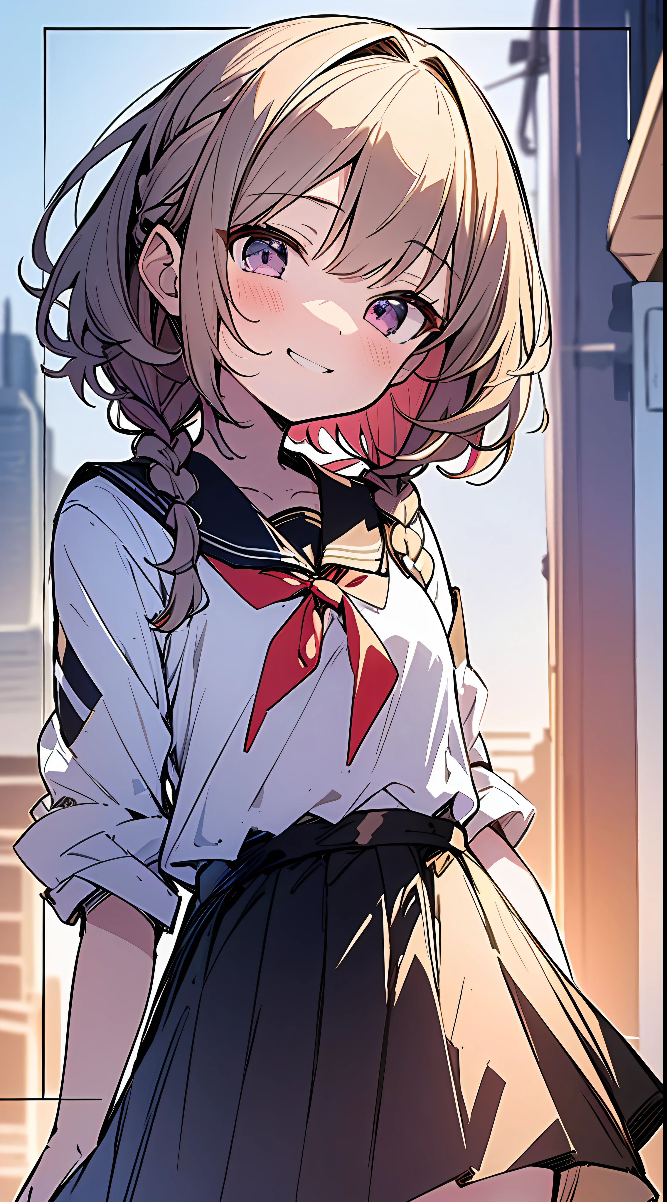 Top quality, masterpiece, ultra high resolution, 8k, anime style small loli in ultra-colored shirt and skirt, single, detailed line art, bright white and bright amber style, digital enhancement, anime core, flowing fabric, close-up, hair length to shoulder and short braid, shy face, big smile, looking up angle