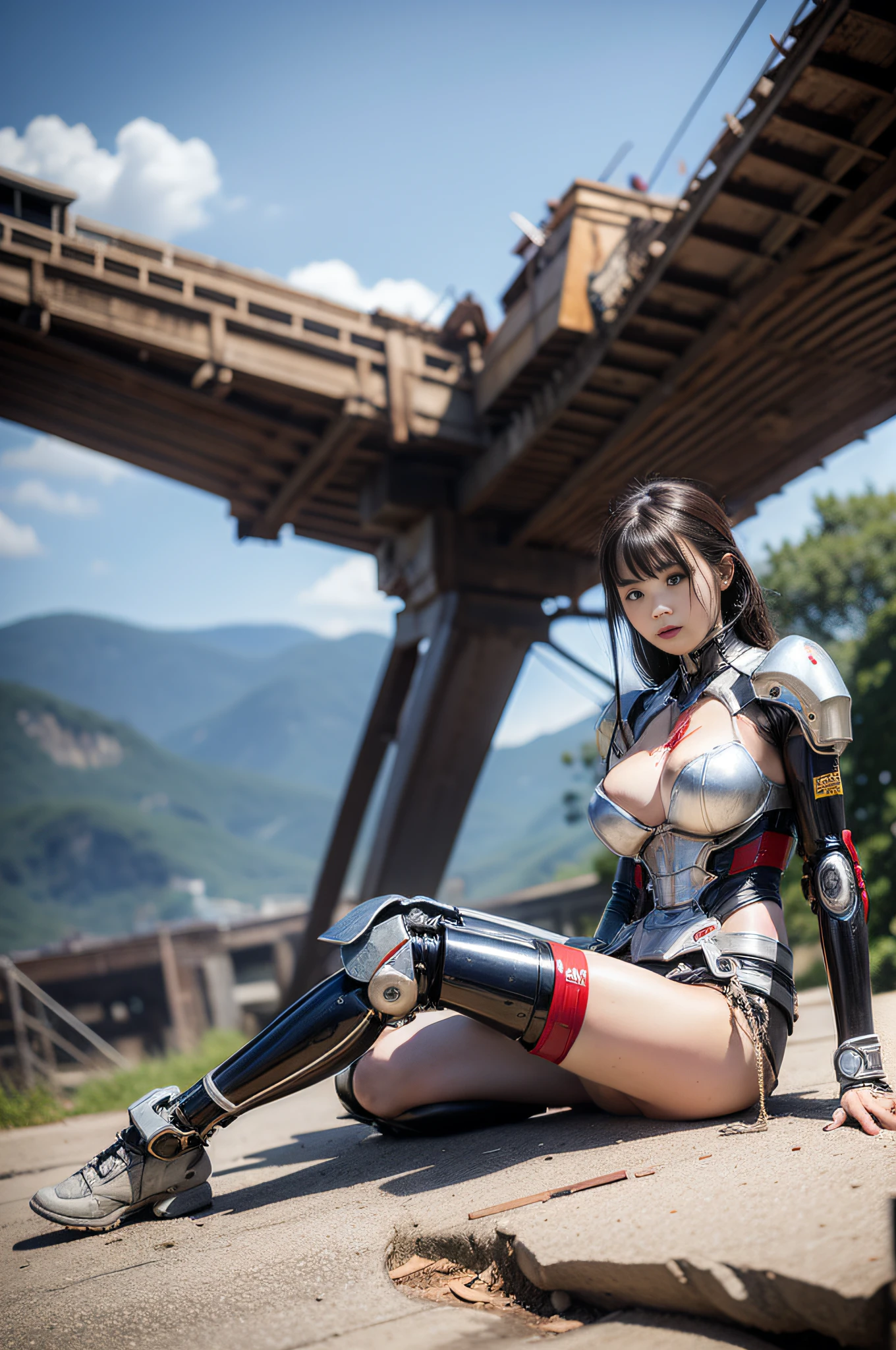Super exaggerated thighs, huge breasts, blood stains on the face, beauty, super long legs, super thin waist, no pants, sitting on the ruined ground after the war, open legs, oiled on the body, people leaning back, mechanical exoskeletons, mecha warriors, hands behind themselves to support themselves, composition above the knees