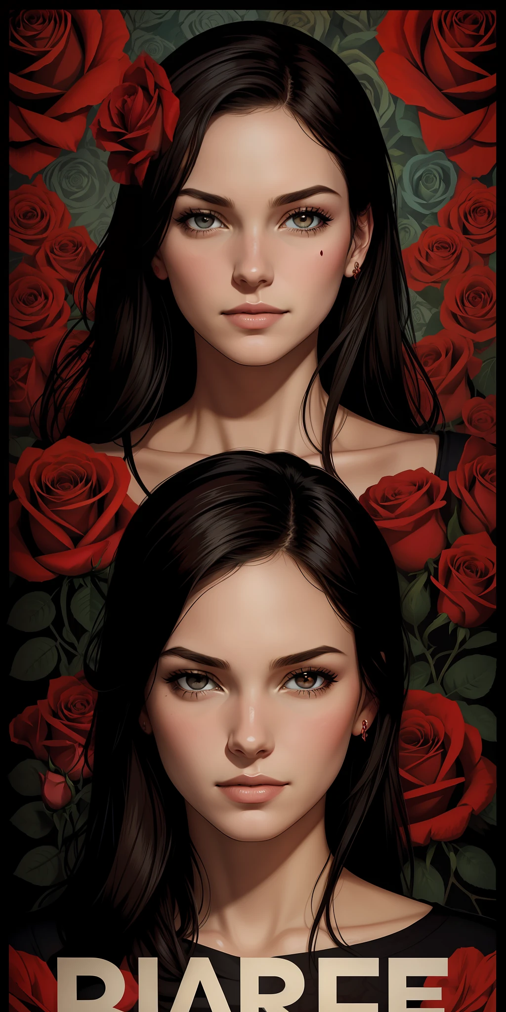 a poster of a woman's face with roses around her eyes and the words bearale on it by Shepard Fairey