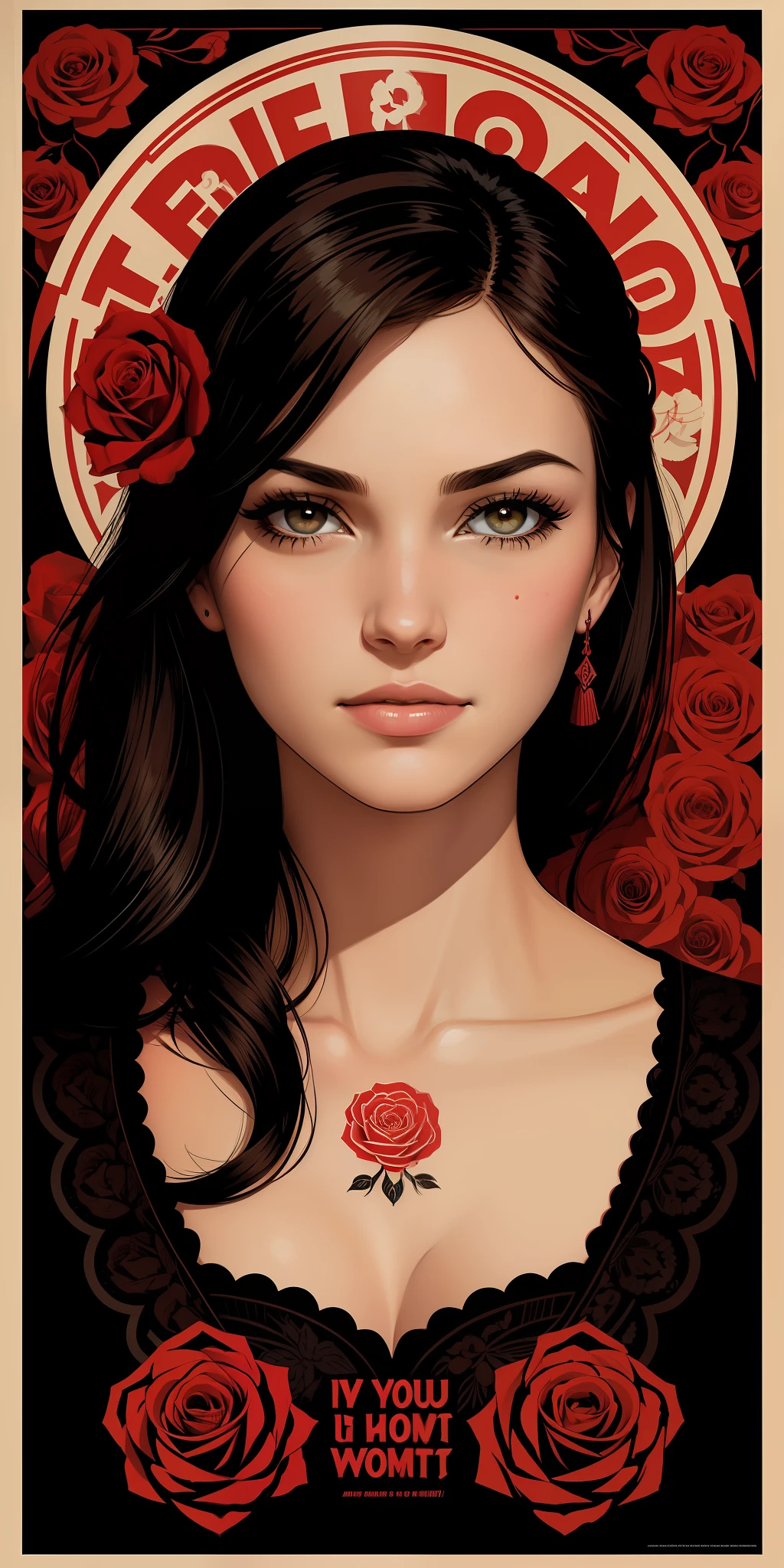a poster of a woman's face with roses around her eyes and the words bearale on it by Shepard Fairey