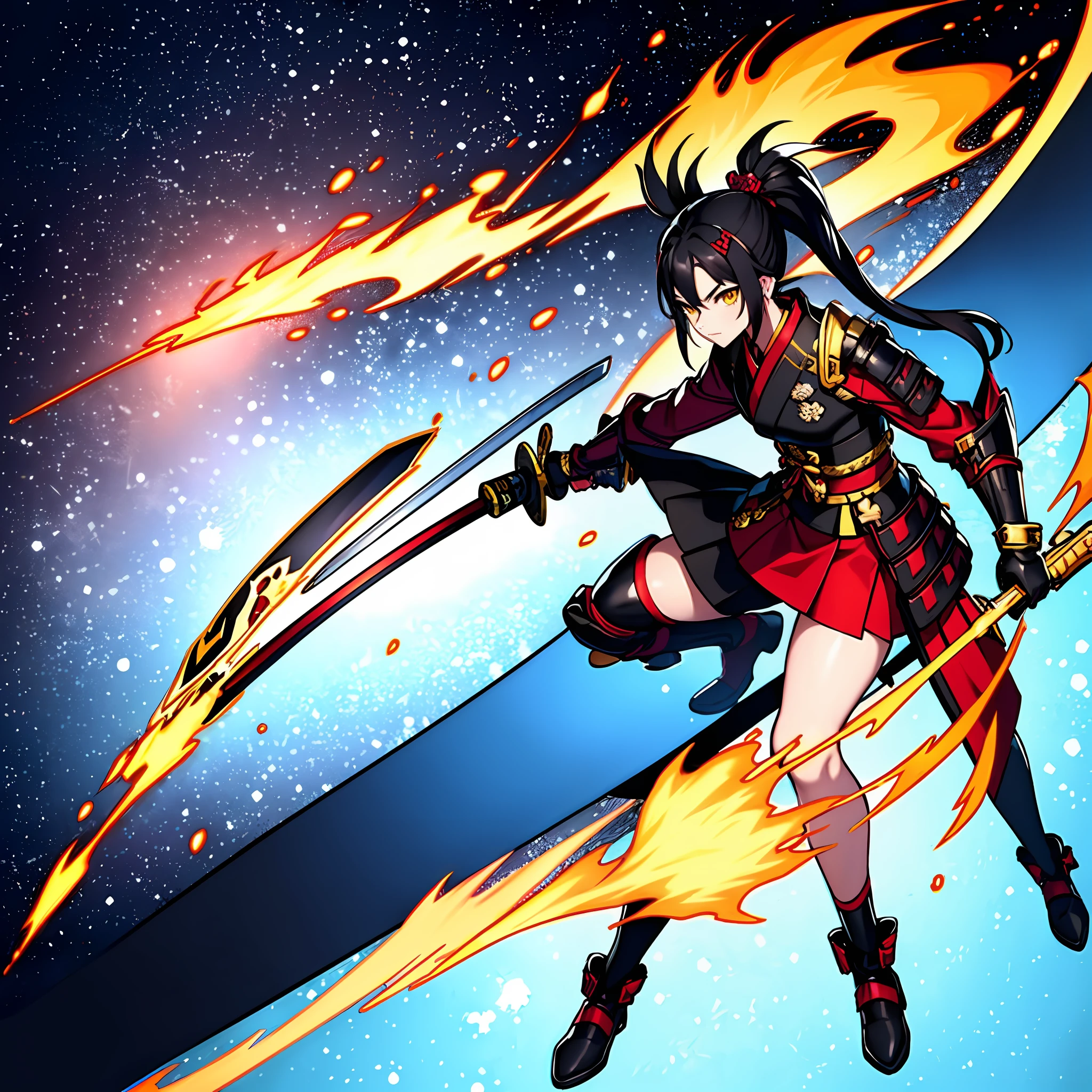 masterpiece, best quality, 1girl, solo, black hair, looking at viewer, ponytail, hair ornament,, holding, closed mouth, jacket, full body, yellow eyes, katana, black and red samurai armor, splash art, fire Phoenix in space background, Golden constructs in background