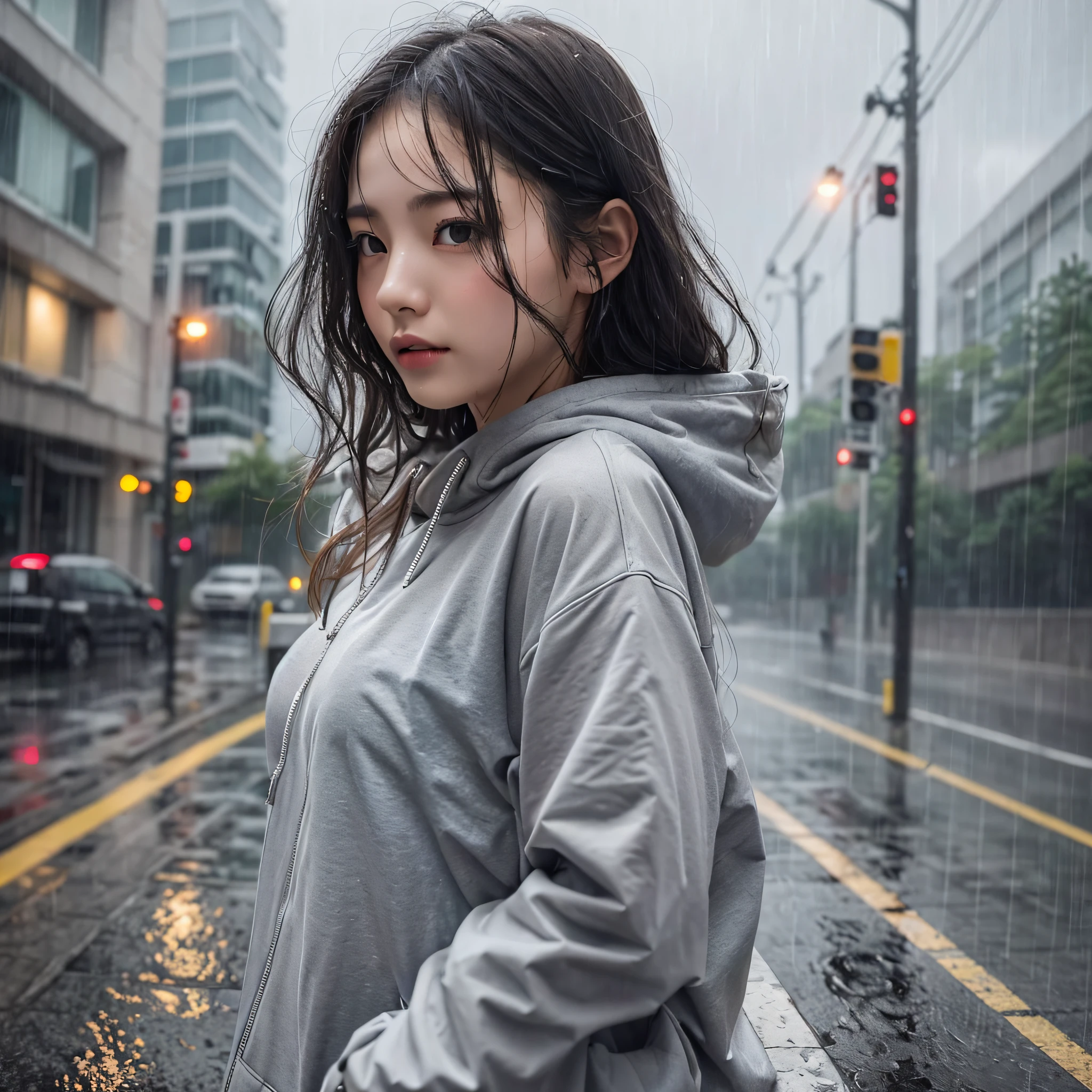 A beautiful girl in soaked clothes in a rainstorm (+1.2 for gray atmosphere, +1.2 for lightning and thunder, light filter).